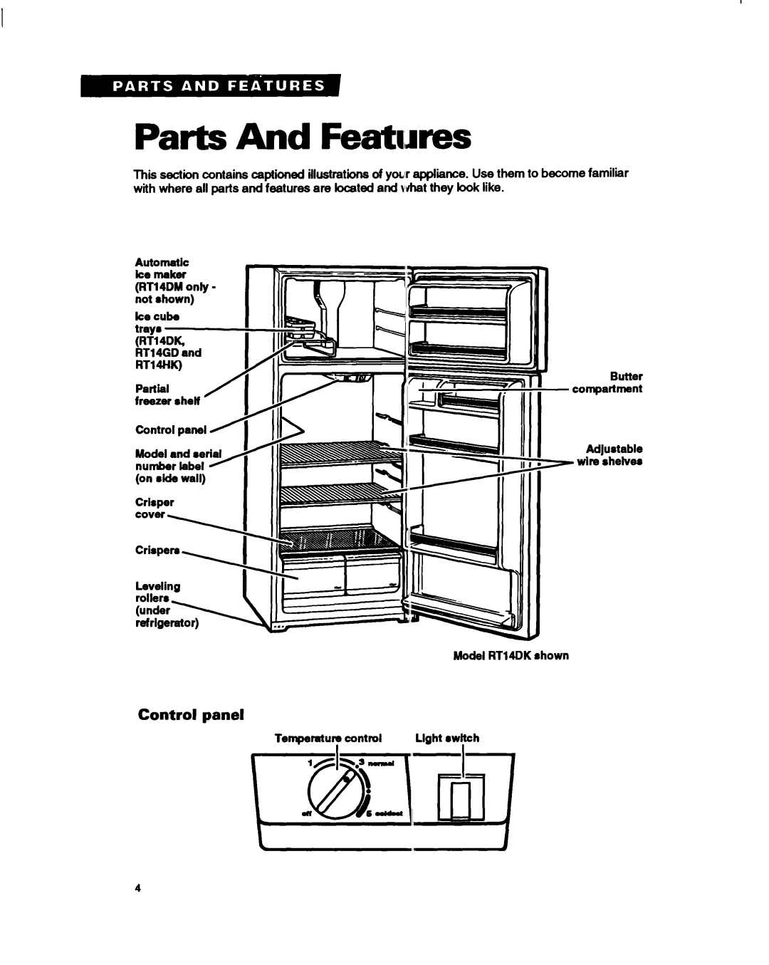 Whirlpool RTl4GD, RT14HK important safety instructions Parts And Features, Control panel 