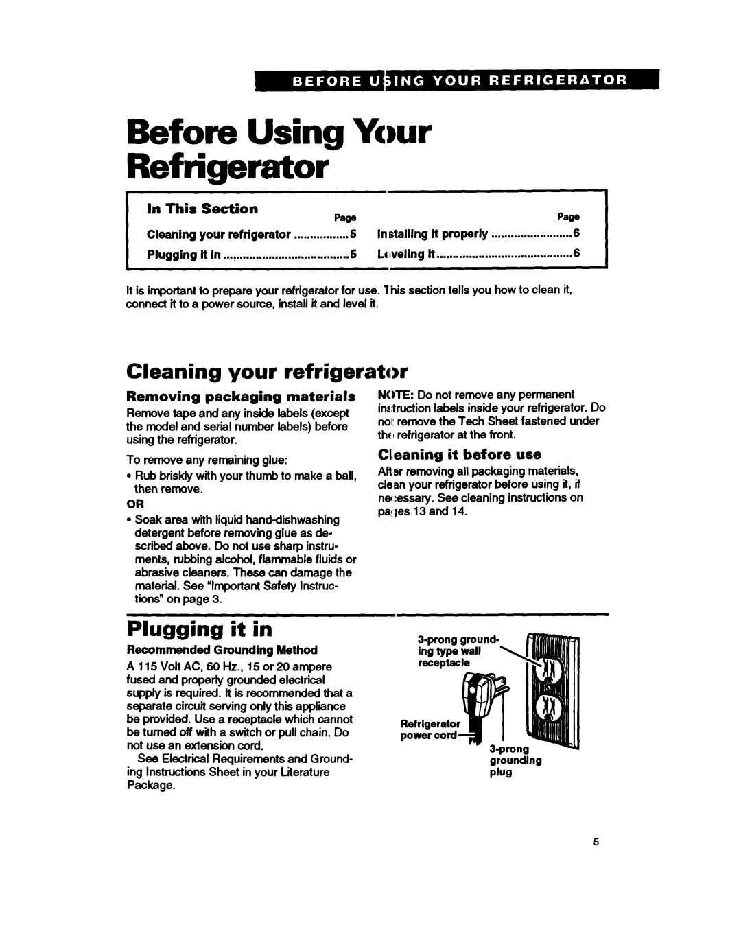 Whirlpool RT14HK, RTl4GD Before Using Ycwr Refrigerator, Cleaning your refrigerator, Plugging it 