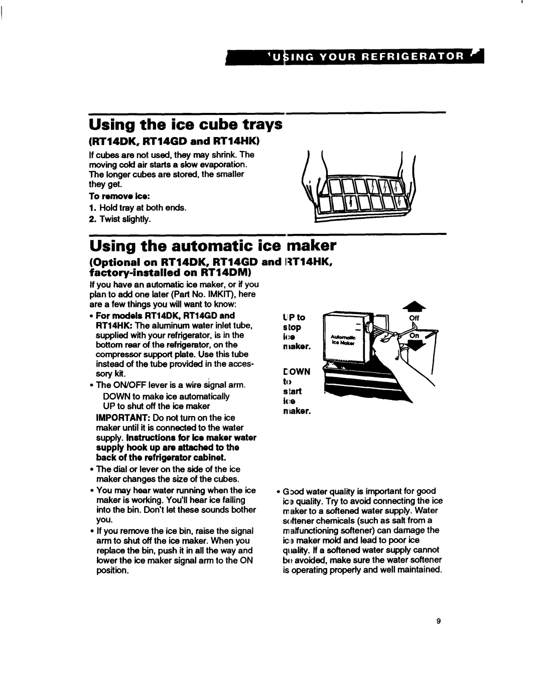 Whirlpool RTl4GD Using the ice cube trays, Using the automatic ice, Maker, RTlIDK, RT14GD and RT14HK 