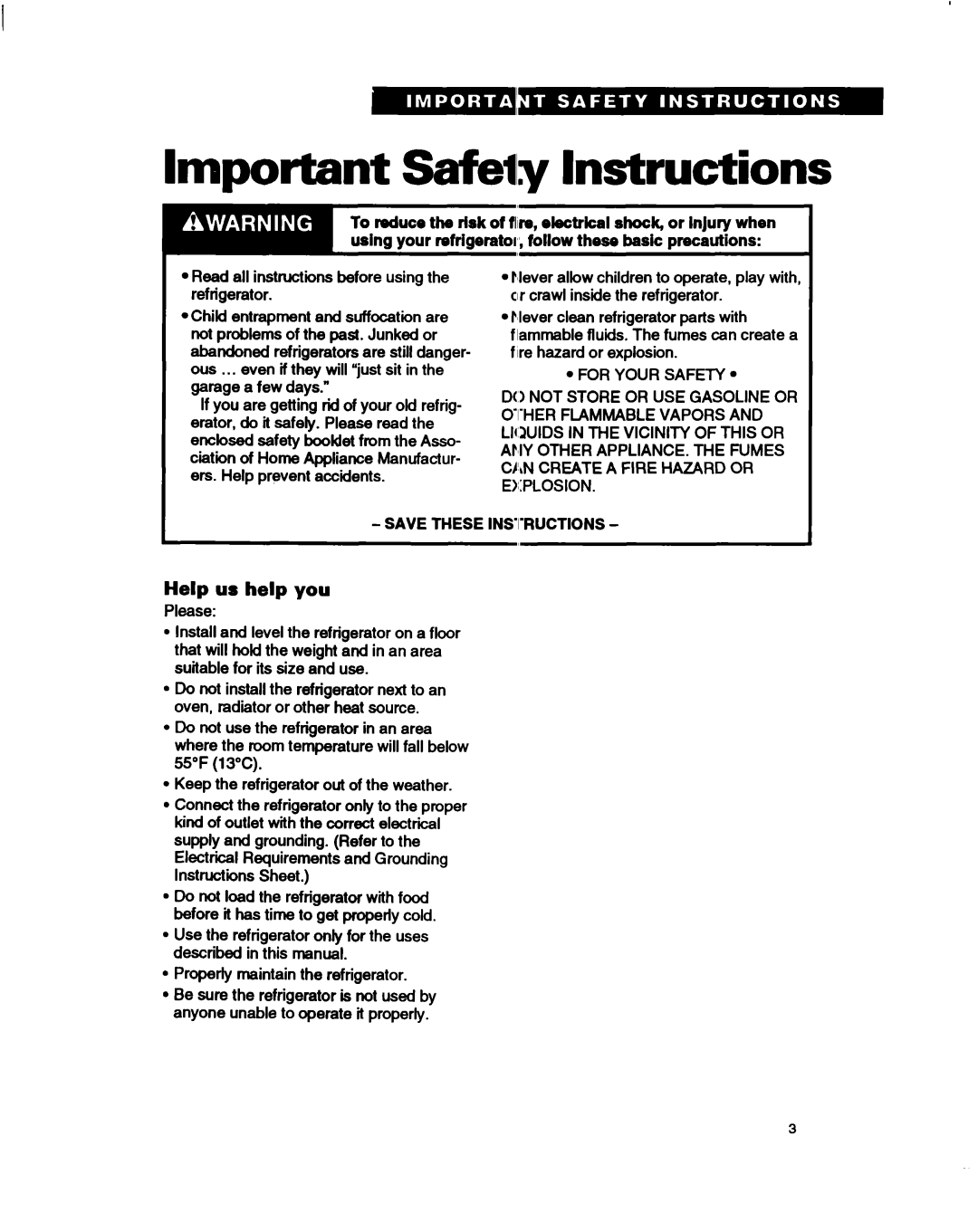 Whirlpool RT14HK, RTl4GD important safety instructions Important Safety Instructions, Help us help you 