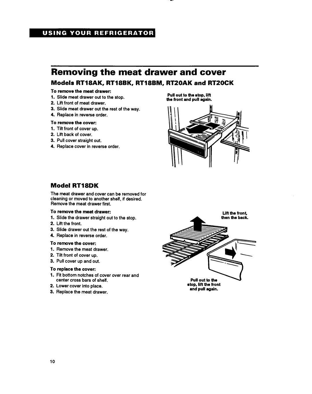 Whirlpool RT18EK Removing the meat drawer and cover, Models RT18AK, RTl8BK, RT18BM, Rtzoak and Rtzock, Model RT18DK 