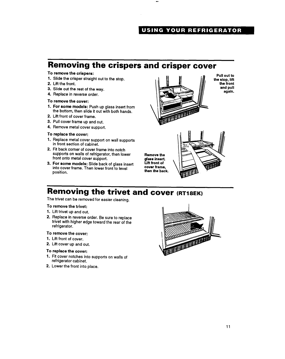 Whirlpool A RT18BM, RTZOCK, RT18EK Removing the crispers, Crisper cover, Removing the trivet and cover RTI~EK 