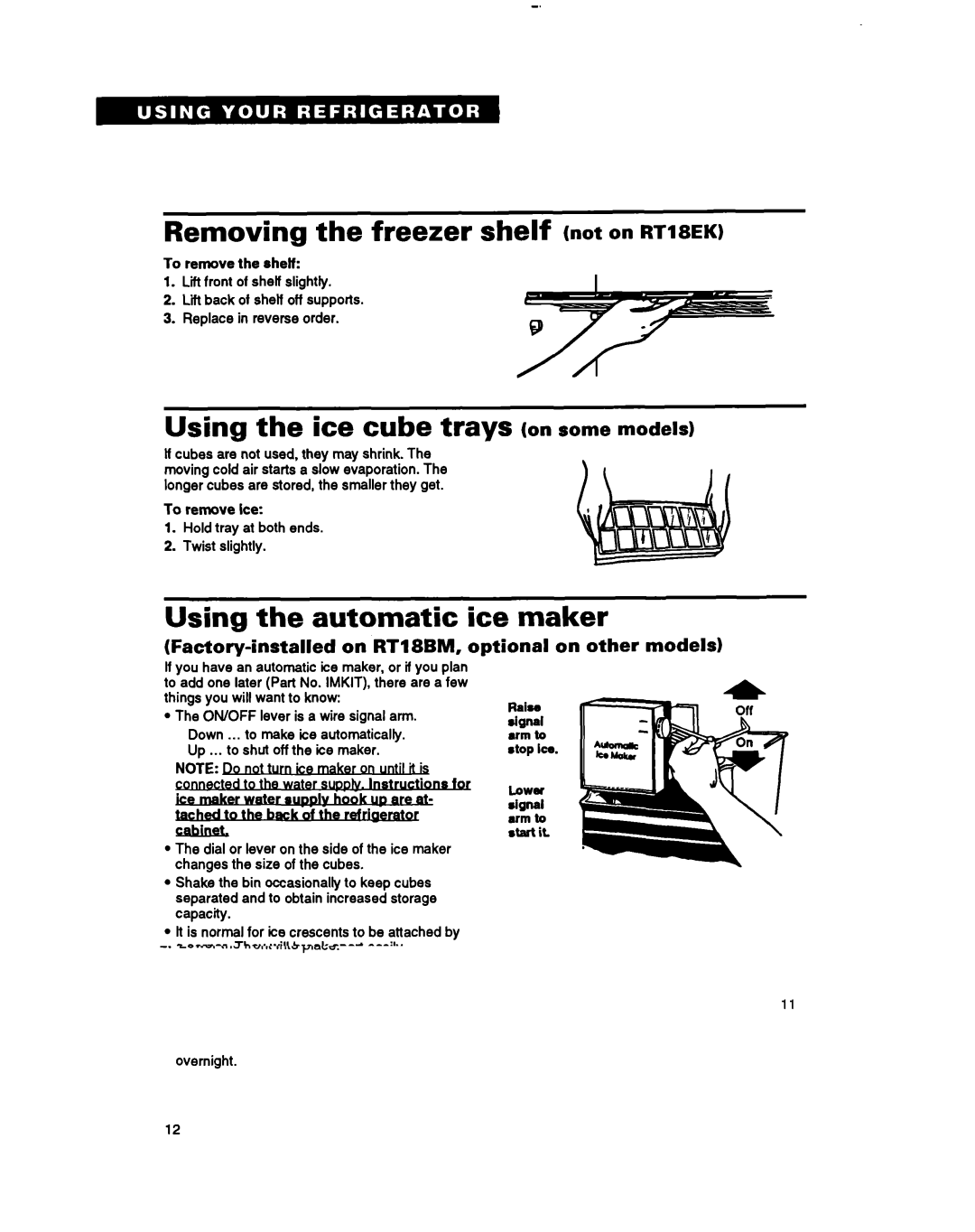 Whirlpool RTZOCK, RT18EK, A RT18BM Removing the freezer shelf not on RTI~EK, Using the ice cube trays on some models 