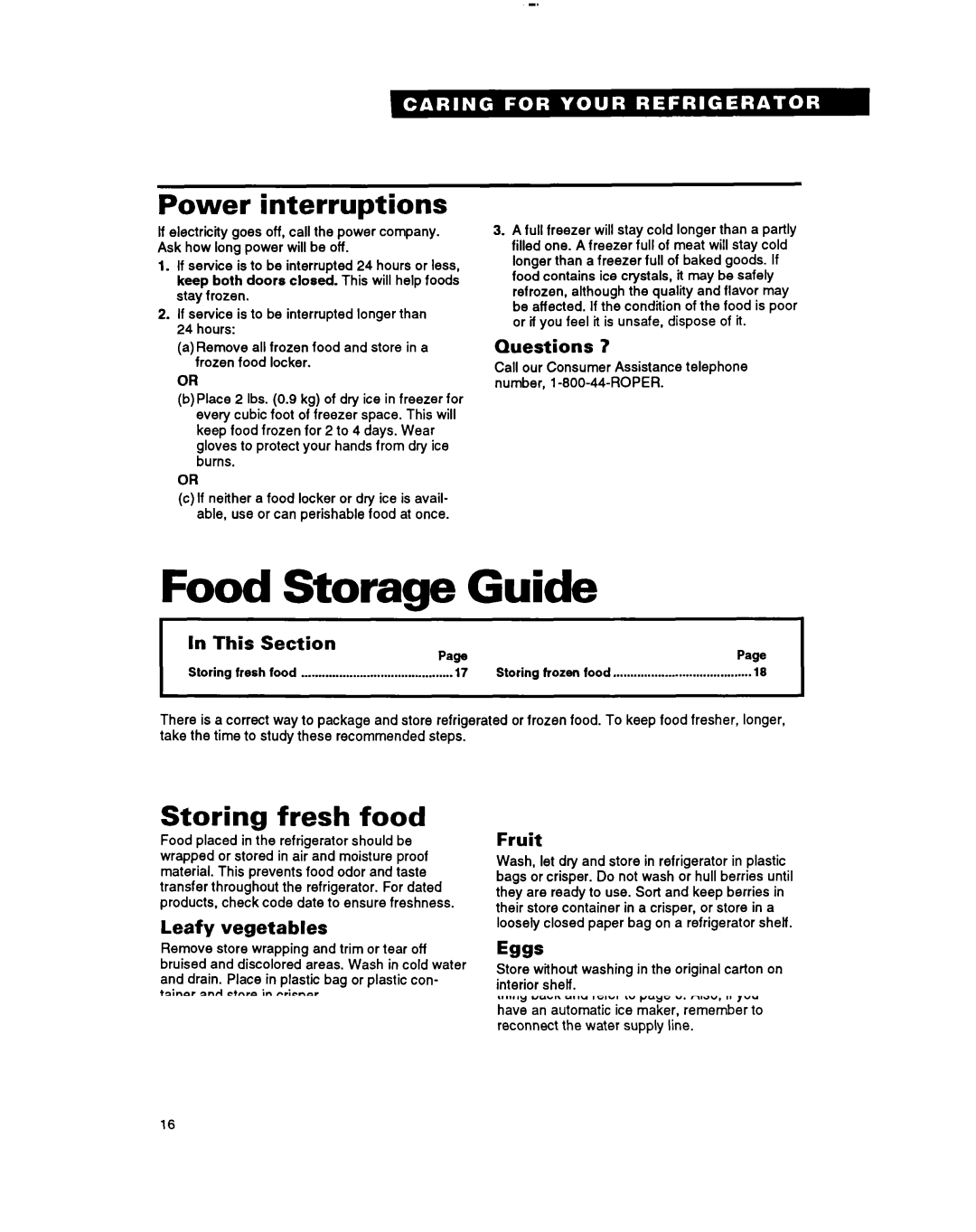 Whirlpool A RT18BM, RTZOCK, RT18EK important safety instructions Food Storage Guide, Power interruptions, Storing fresh food 