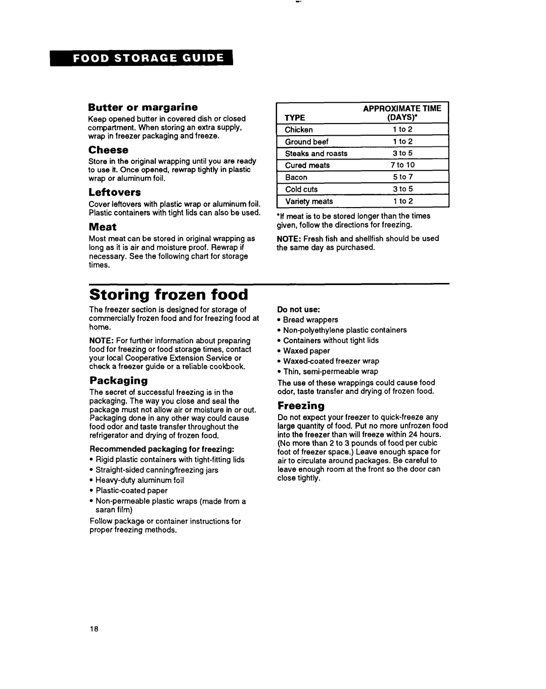 Whirlpool RTZOCK, RT18EK, A RT18BM Butter or margarine, Cheese, Leftovers, Meat, Packaging, Freezing 