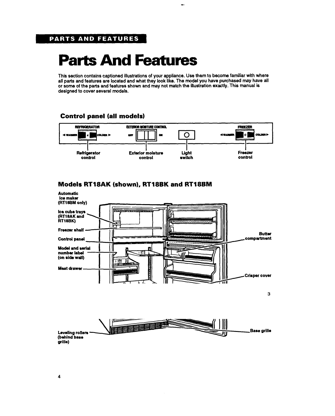 Whirlpool RT18EK, RTZOCK, A RT18BM Parts And Features, Control panel all models, Models RT18AK shown, RT18BK and RT18BM 