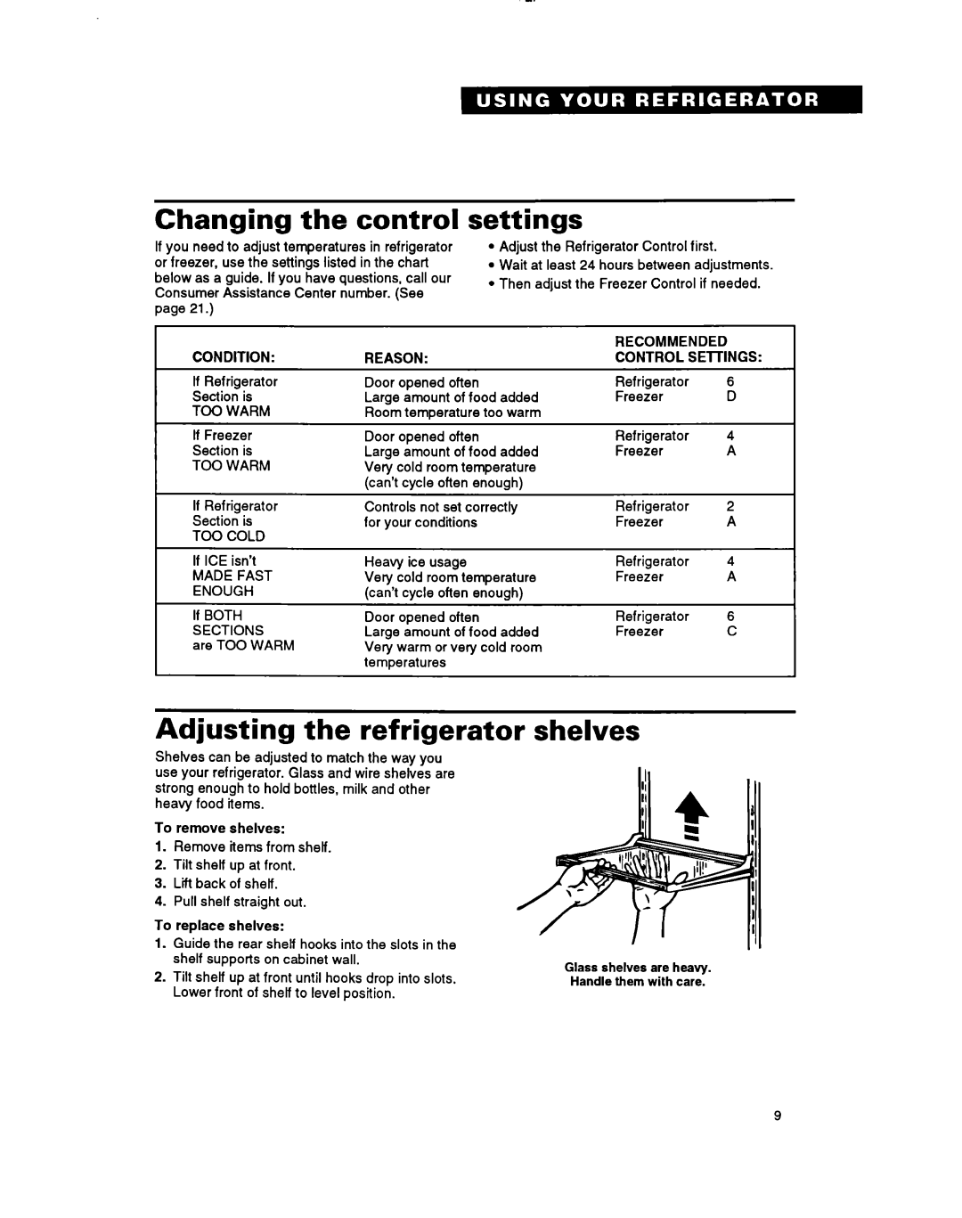 Whirlpool RTZOCK, RT18EK, A RT18BM Changing the contro1, Settings, Adjusting the refrigerator, Shelves 