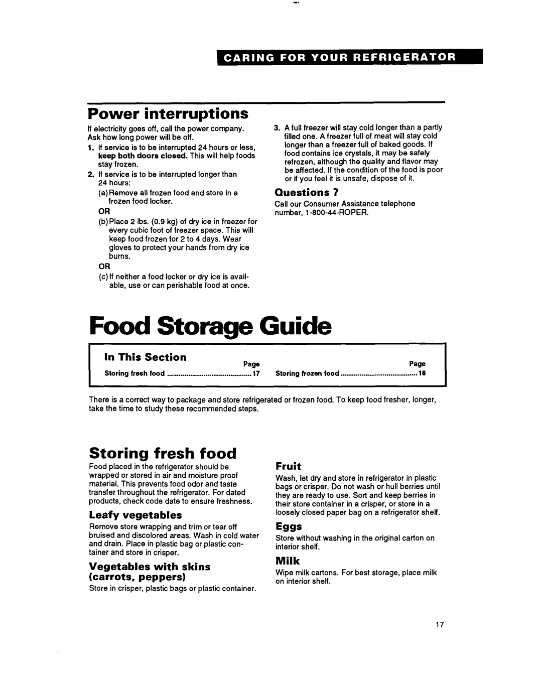 Whirlpool A RT18BM Food Storage Guide, Power interruptions, Storing fresh food, Questions, In This, Section, Fruit, Milk 