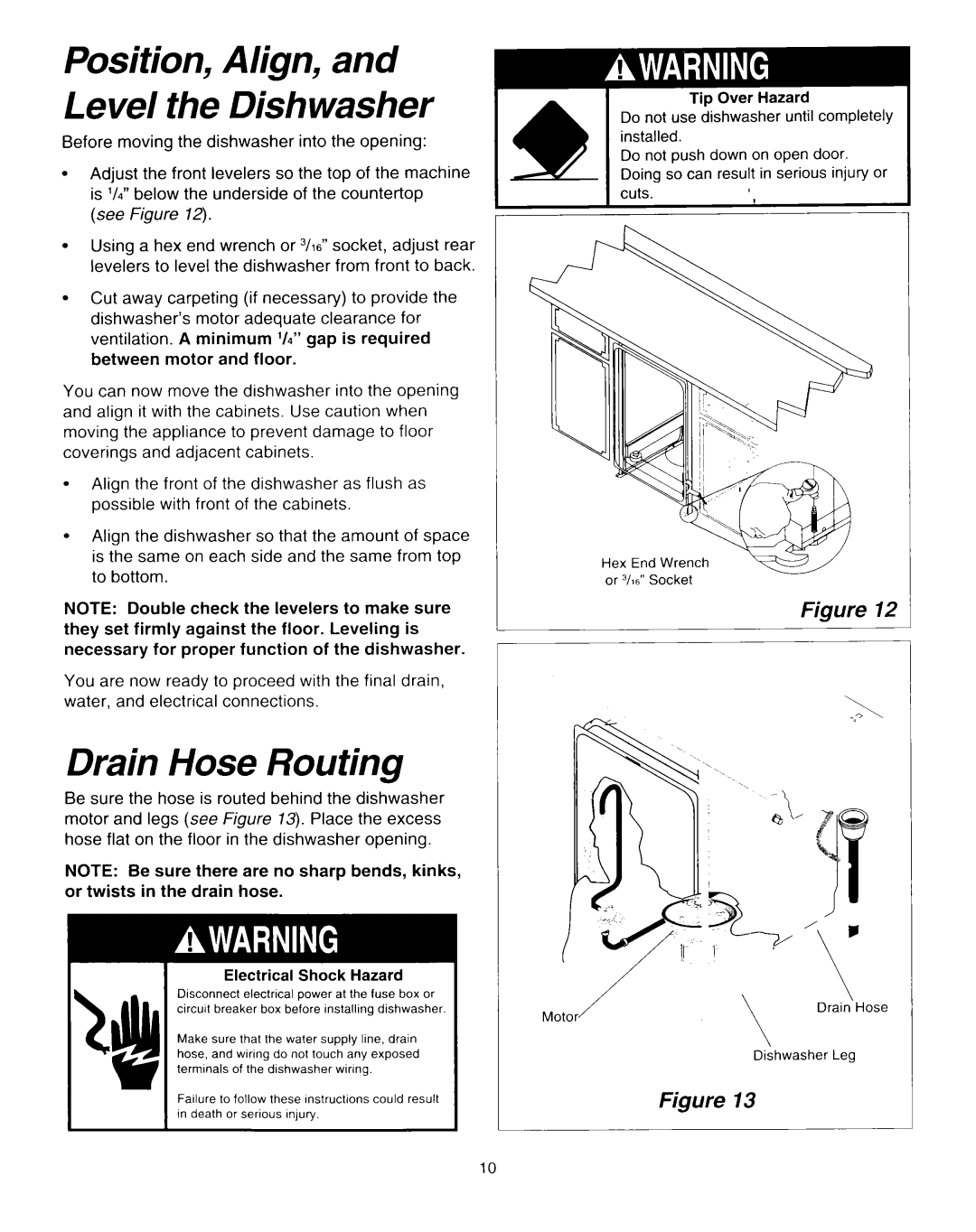 Whirlpool RUD0800EB installation instructions Drain Hose Routing, Position, Align, and Level the Dishwasher 