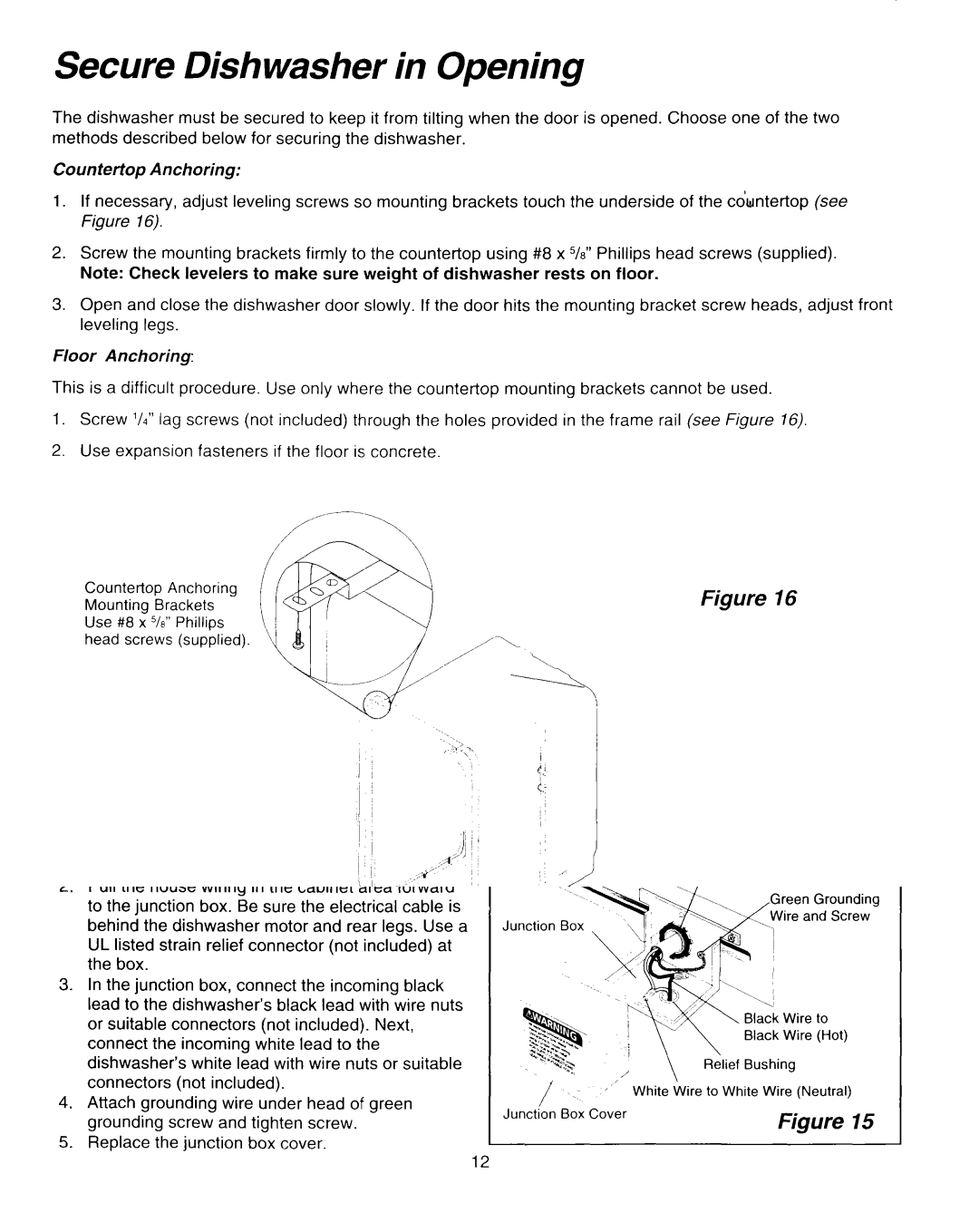 Whirlpool RUD0800EB installation instructions Secure Dishwasher in Opening 