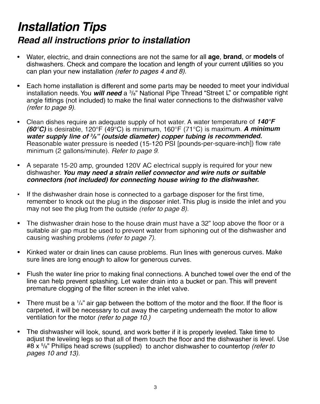 Whirlpool RUD0800EB installation instructions Installation Tips, Read all instructions prior to installation 