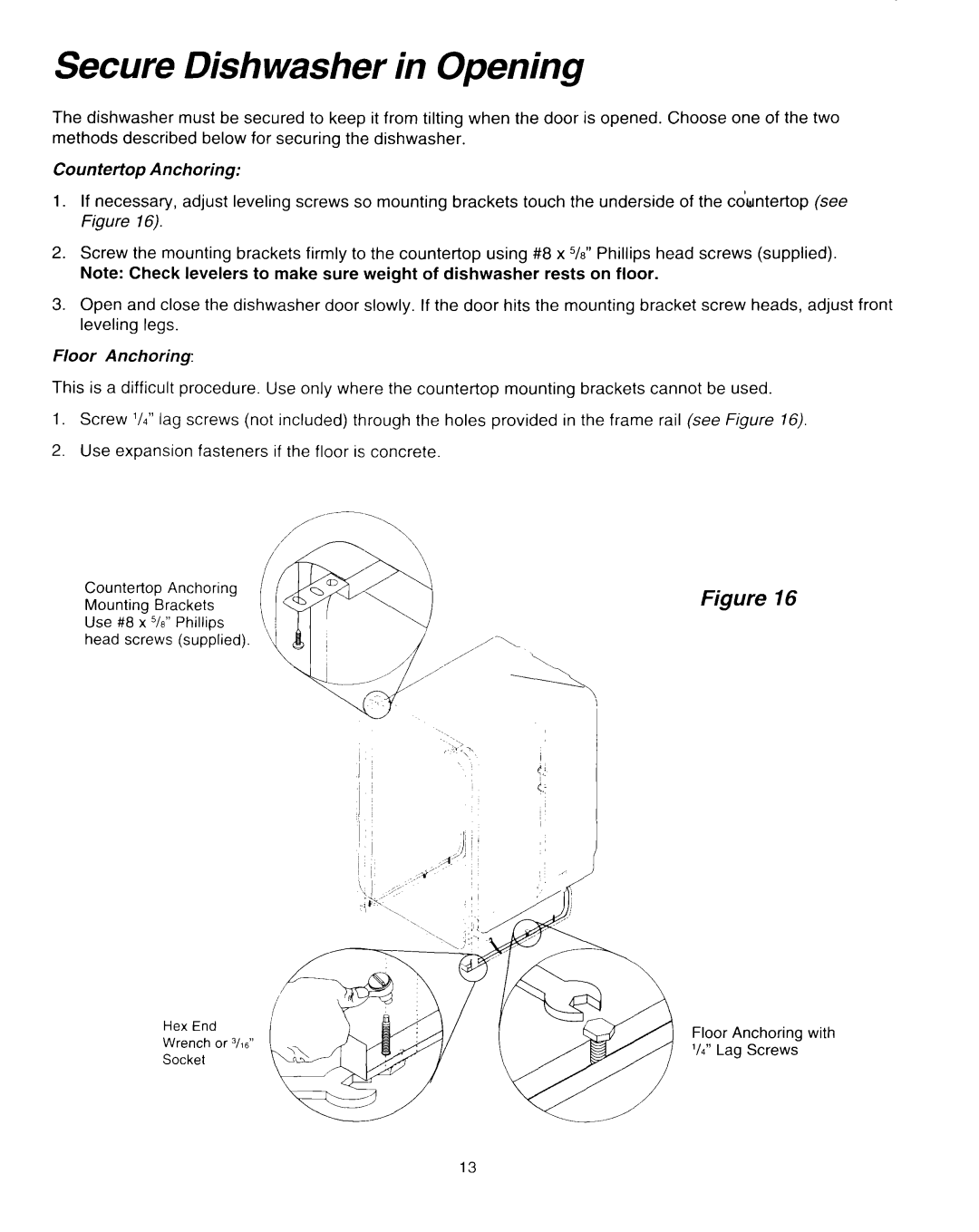 Whirlpool RUD0800EB installation instructions Secure Dishwasher in Opening 