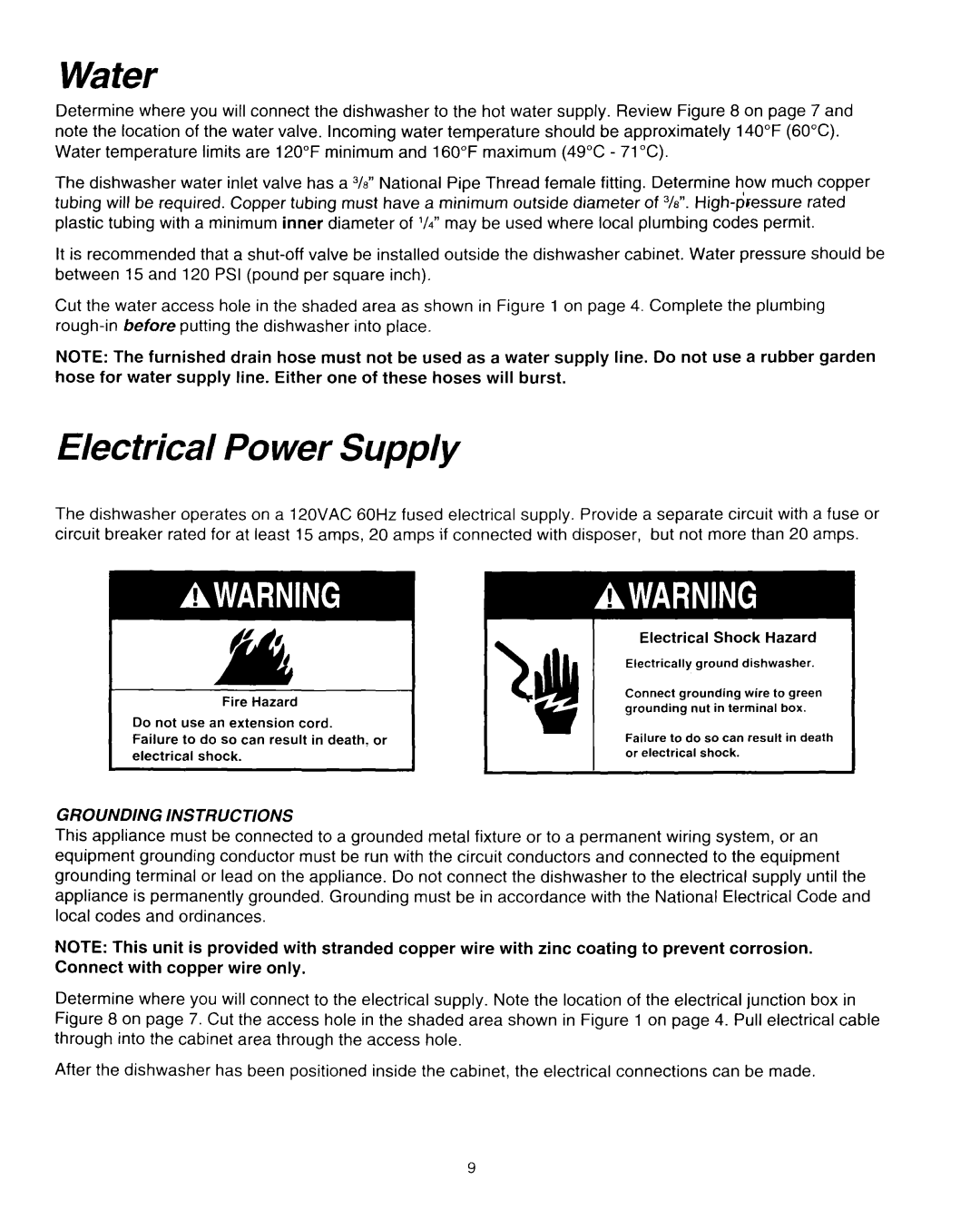 Whirlpool RUD0800EB installation instructions Water, Electrical Power Supply 