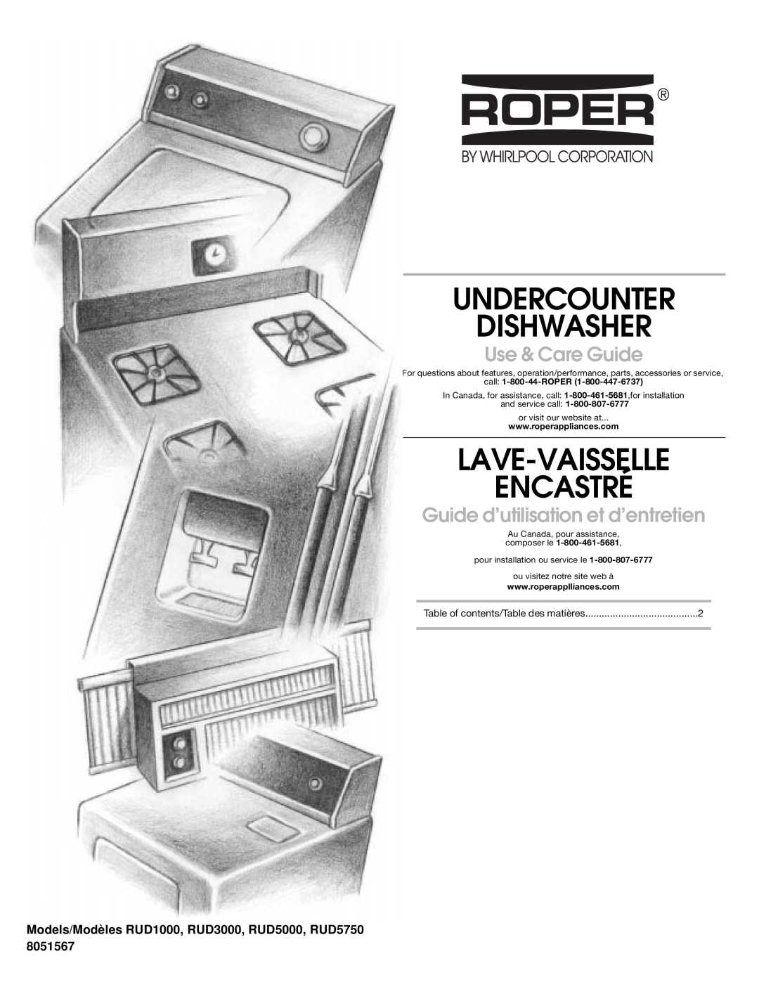 Whirlpool RUD3000, RUD5000, RUD5750 manual Undercounter Dishwasher, Lave-Vaisselle Encastré, Use & Care Guide 