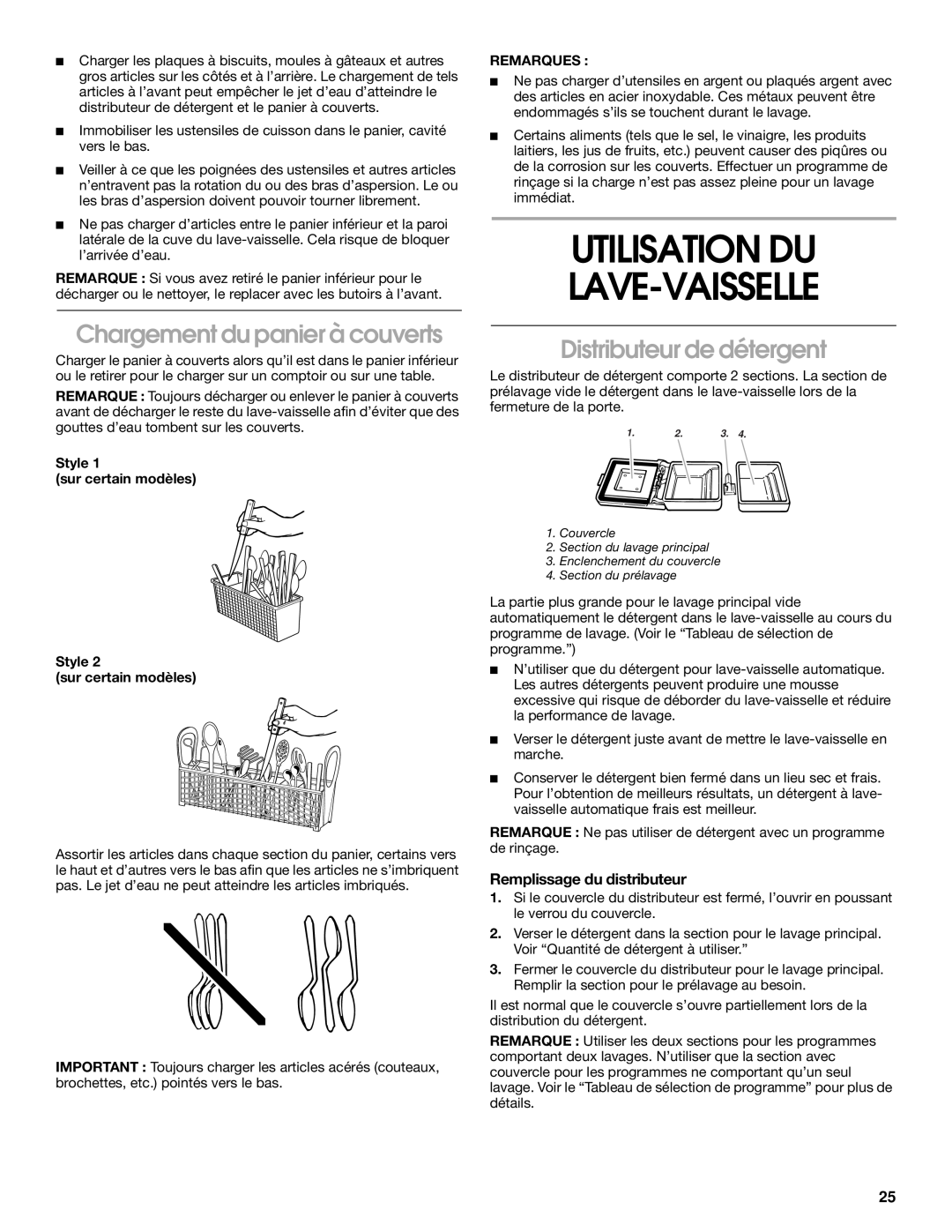 Whirlpool RUD3000, RUD5000 manual Utilisation Du Lave-Vaisselle, Chargement du panier à couverts, Distributeur de détergent 
