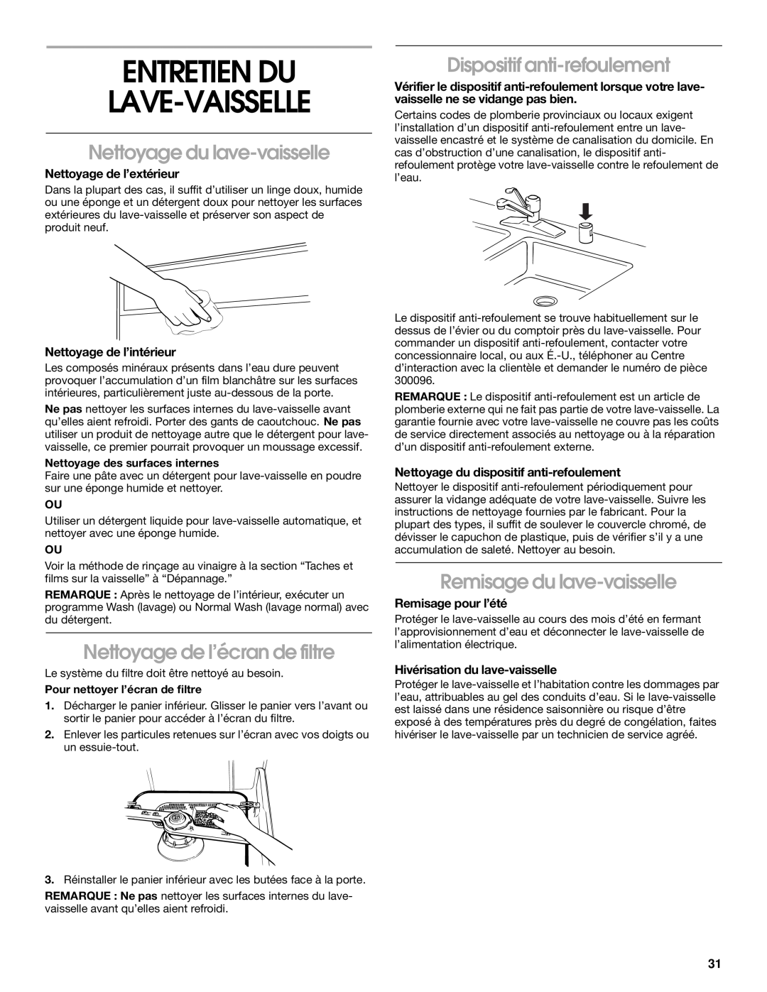 Whirlpool RUD3000, RUD5000 manual Entretien Du Lave-Vaisselle, Nettoyage du lave-vaisselle, Nettoyage de l’écran de filtre 