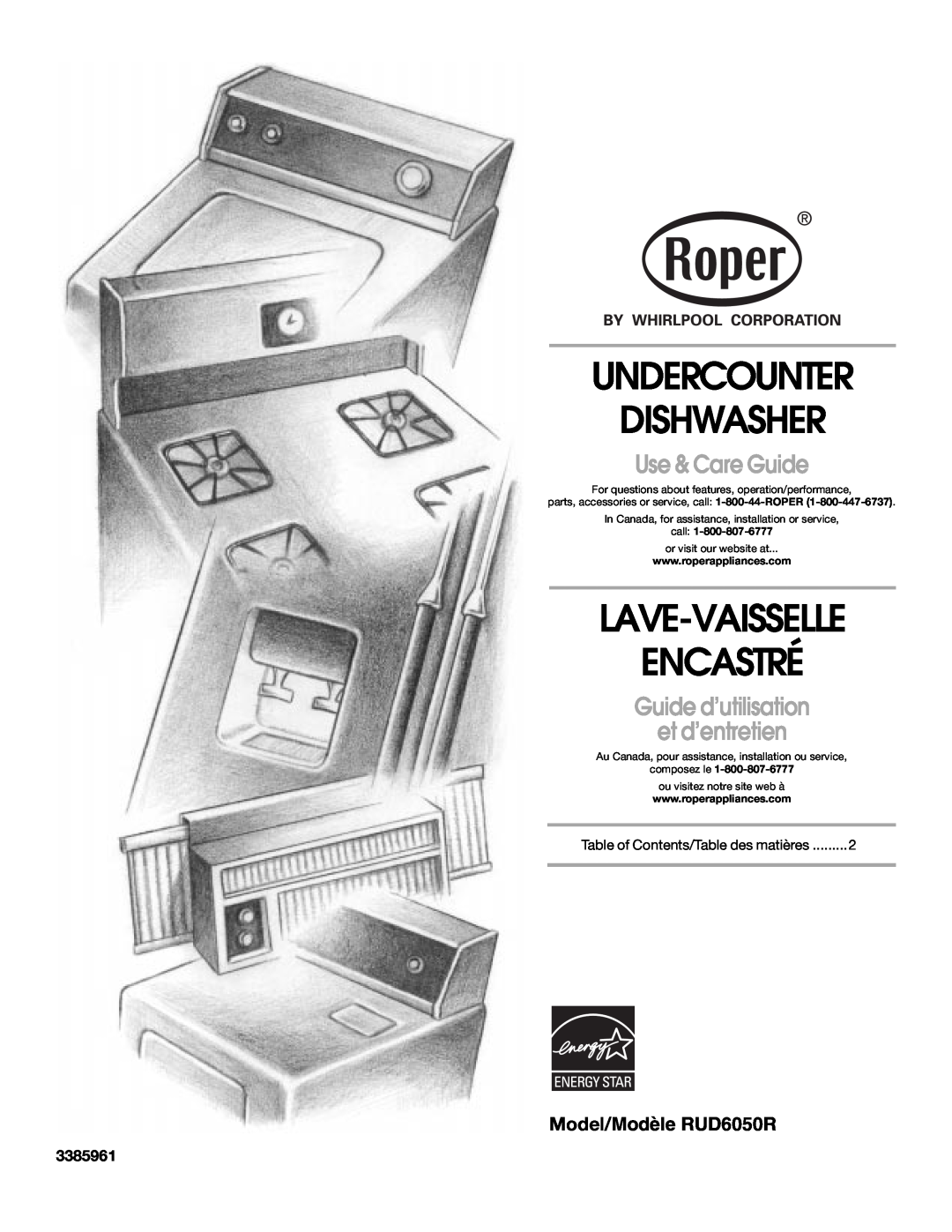 Whirlpool manual Model/Modèle RUD6050R, 3385961, Undercounter Dishwasher, Lave-Vaisselle Encastré, Use & Care Guide 