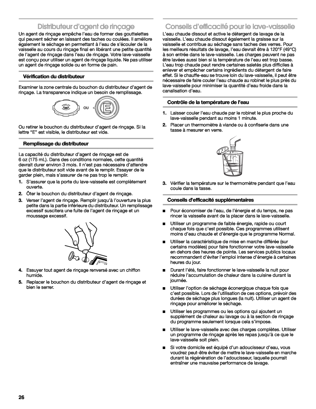 Whirlpool RUD6050R manual Distributeur d’agent de rinçage, Conseils d’efficacité pour le lave-vaisselle 