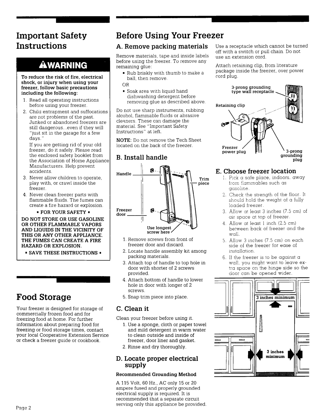 Whirlpool RV12EFR, RV15EFR warranty Important Safety Before Using Your Freezer Instructions, Food Storage 