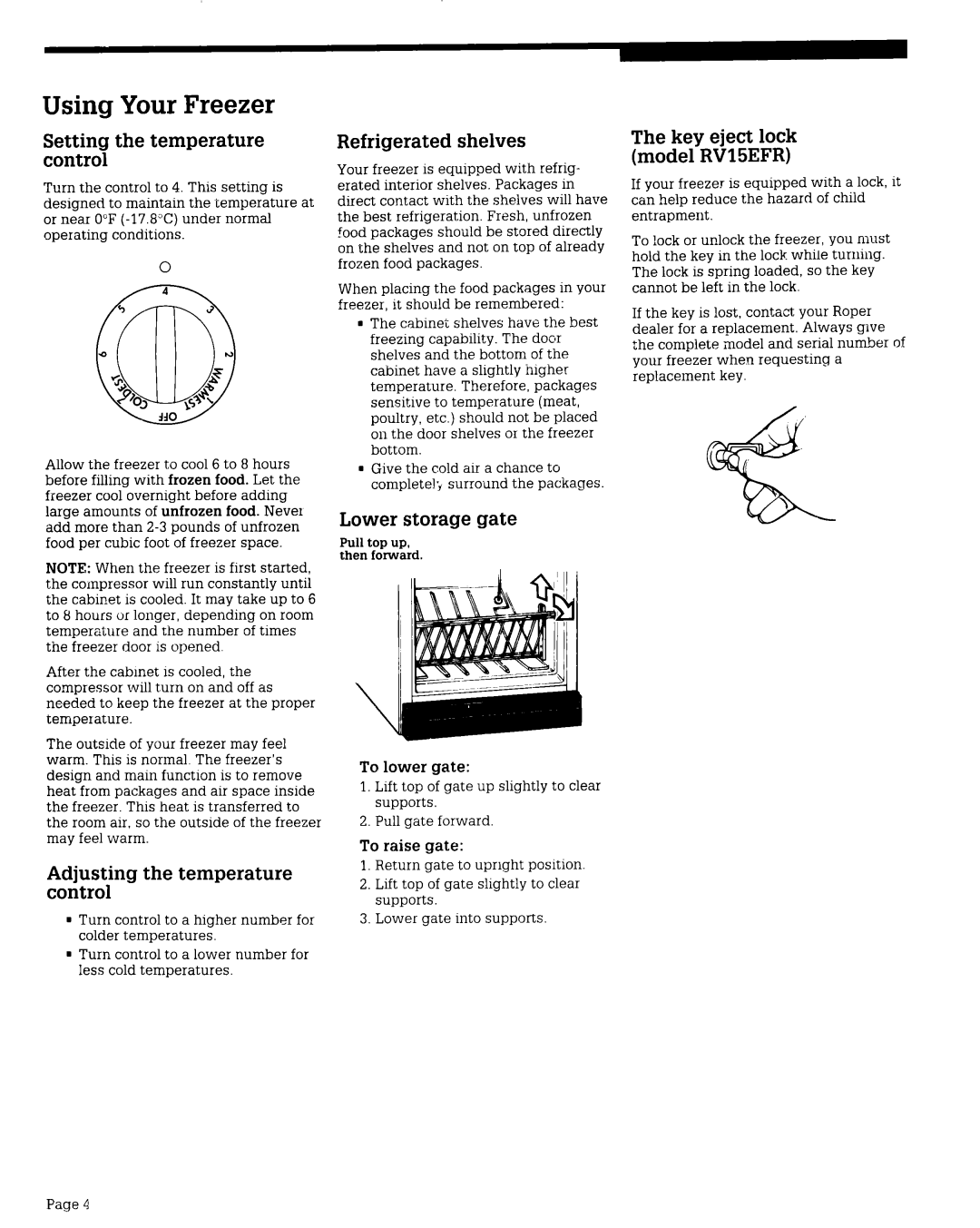 Whirlpool RV12EFR, RV15EFR warranty Using Your Freezer, Setting the temperature control, Adjusting the temperature control 