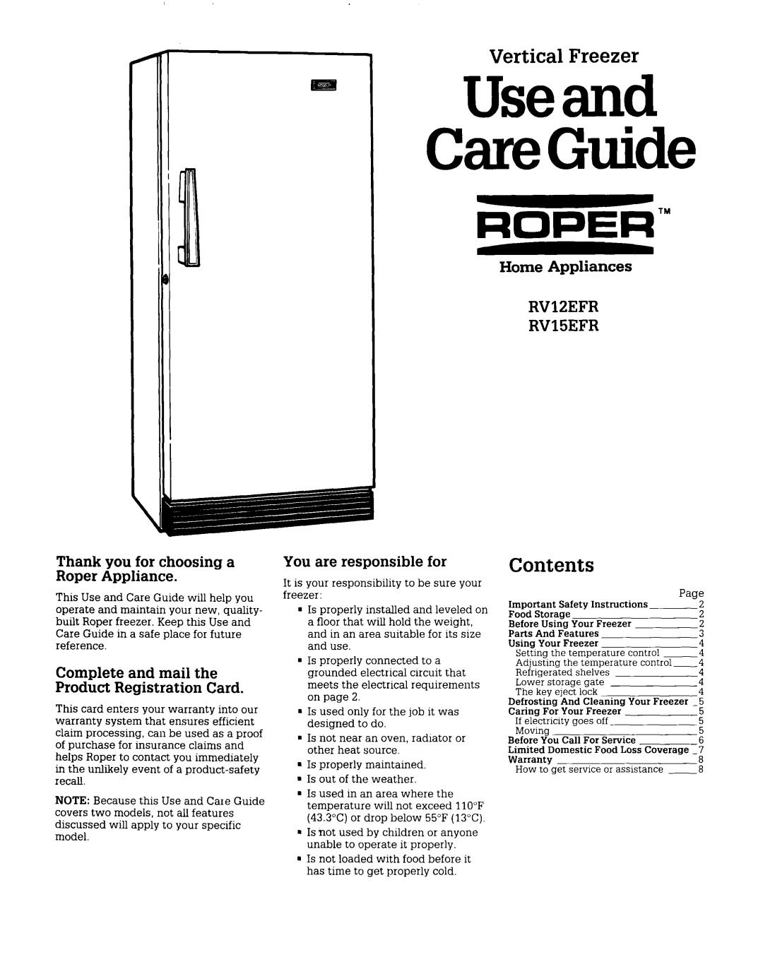 Whirlpool RV15EFR warranty Vertical Freezer, Contents, Home Appliances, Thank you for choosing a Roper Appliance, tiTM 