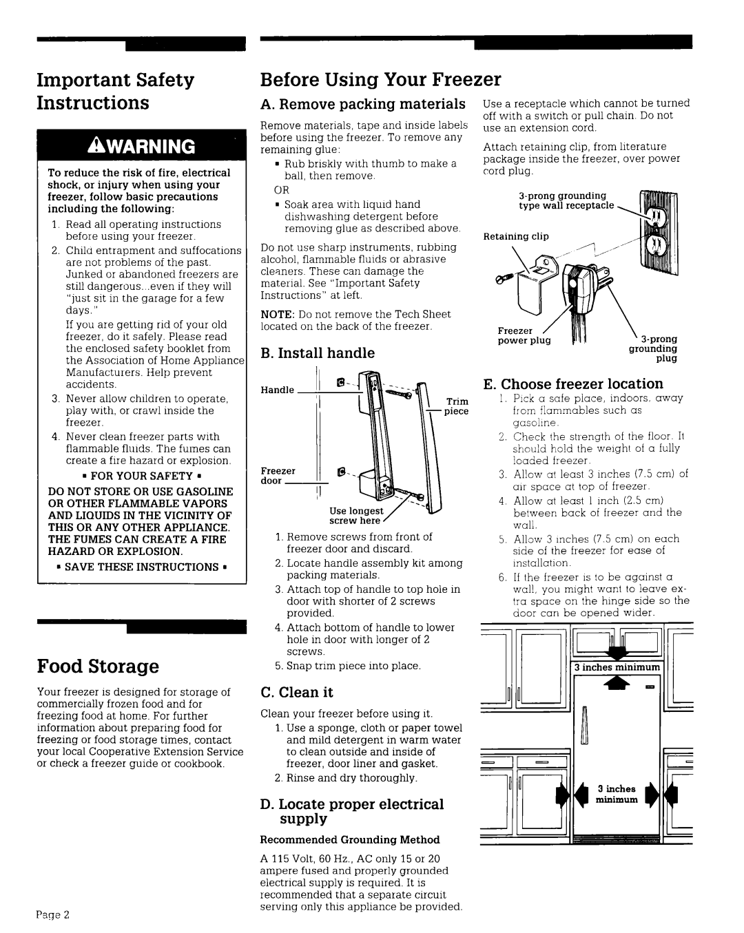 Whirlpool RV12EFR Important Safety, Before Using Your Freezer, Instructions, Food Storage, A. Remove packing materials 