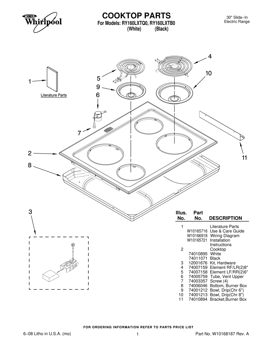 Whirlpool installation instructions Cooktop Parts, For Models RY160LXTQ0, RY160LXTB0 White Black 