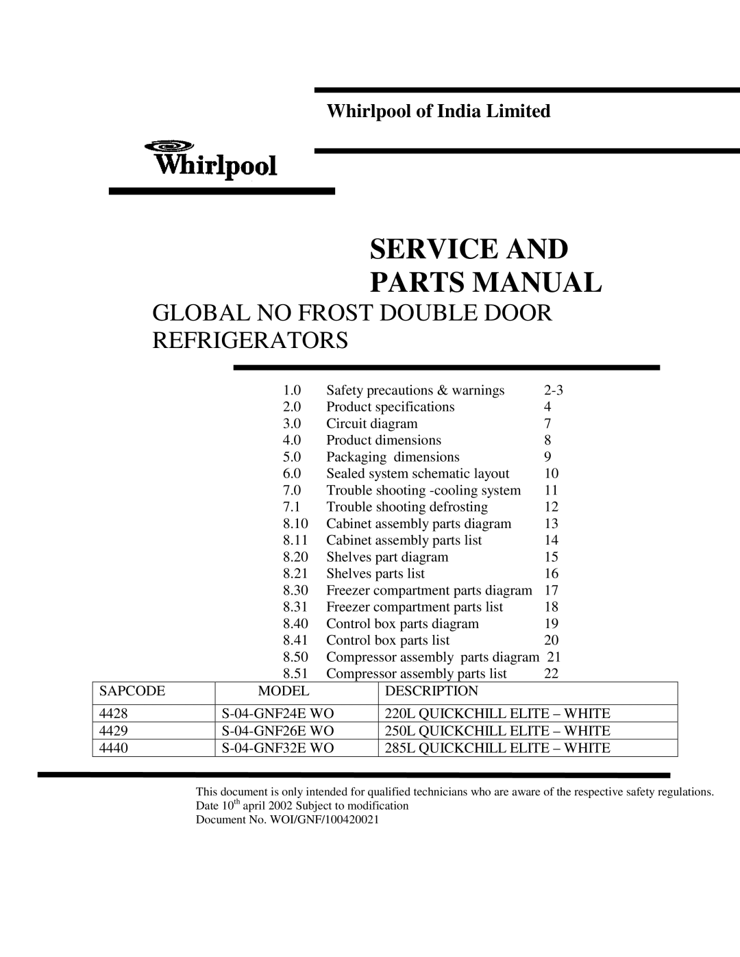 Whirlpool S-04-GNF26E WO, S-04-GNF32E WO specifications Service Parts Manual 