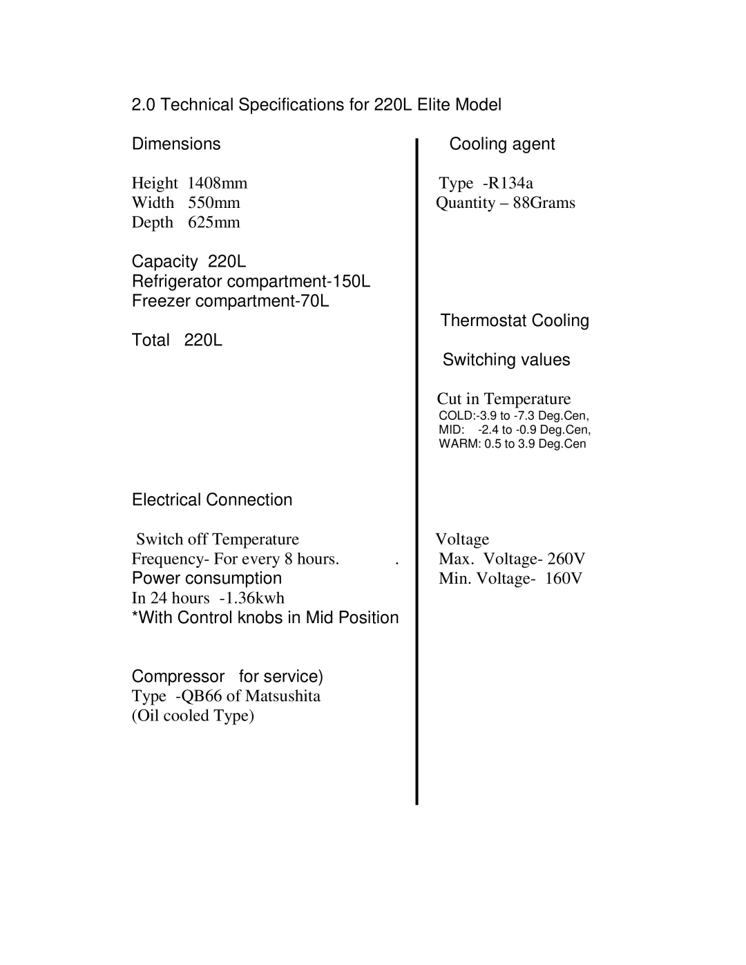 Whirlpool S-04-GNF32E WO, S-04-GNF26E WO specifications Technical Specifications for 220L Elite Model Dimensions 