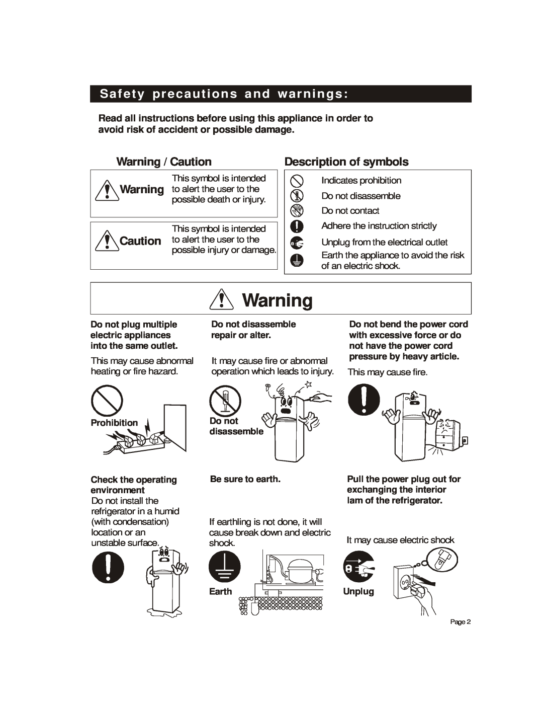 Whirlpool S-04-GNF32E WO, S-04-GNF26E WO Safety precautions and warnings, Warning / Caution, Description of symbols 