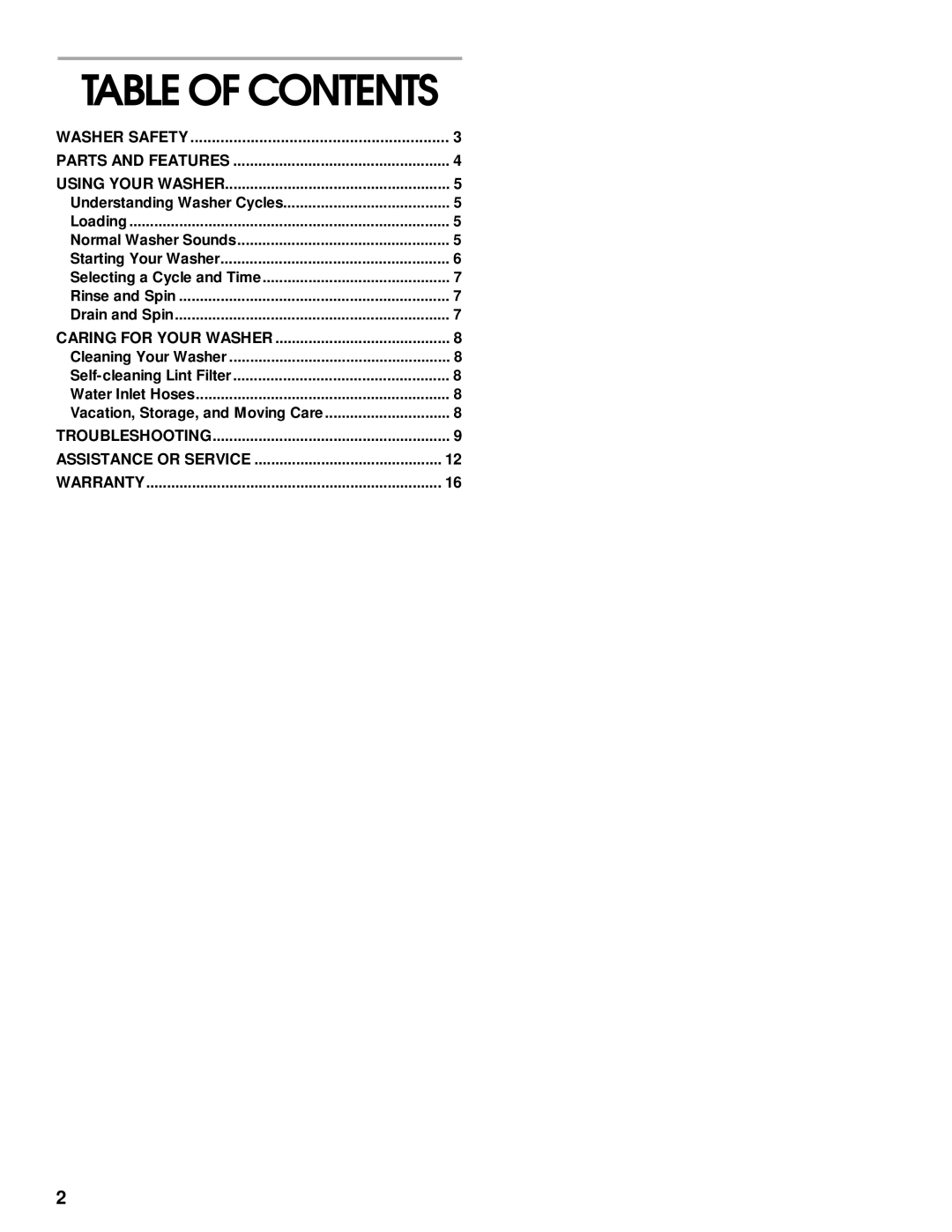 Whirlpool SAWB600HQ0 manual Table of Contents 