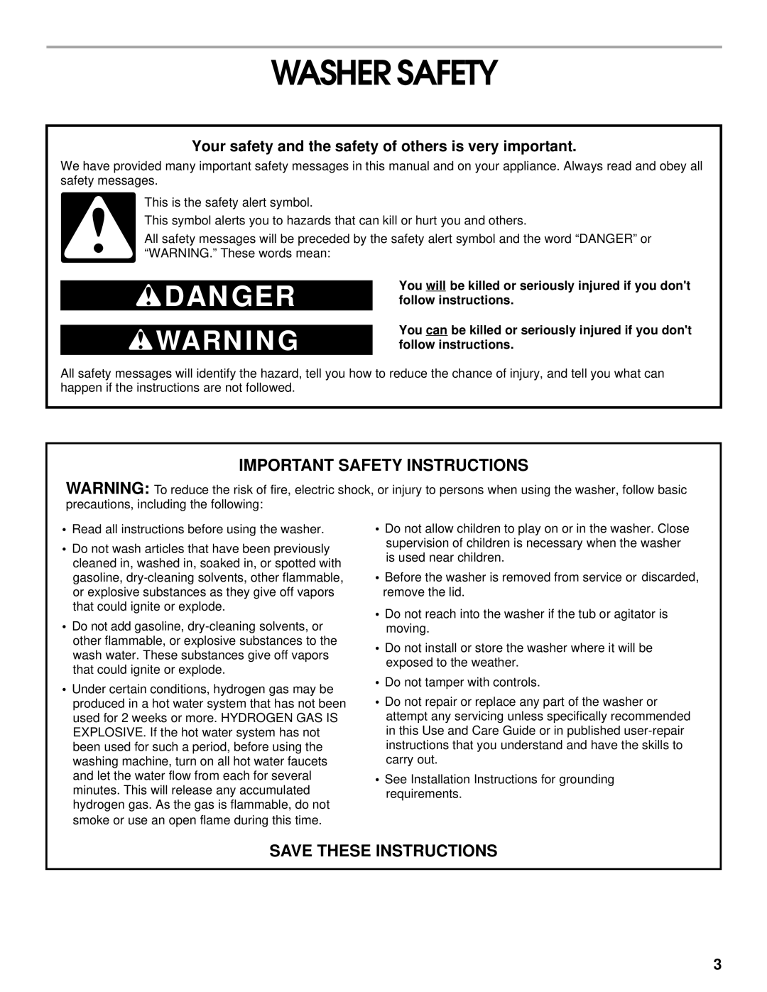 Whirlpool SAWB600HQ0 manual Washer Safety, Your safety and the safety of others is very important 