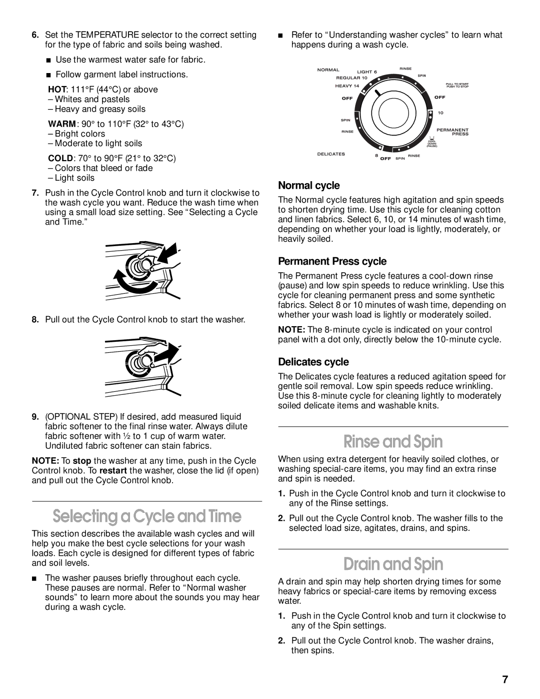 Whirlpool SAWB600HQ0 manual Selecting a Cycle and Time, Rinse and Spin, Drain and Spin 