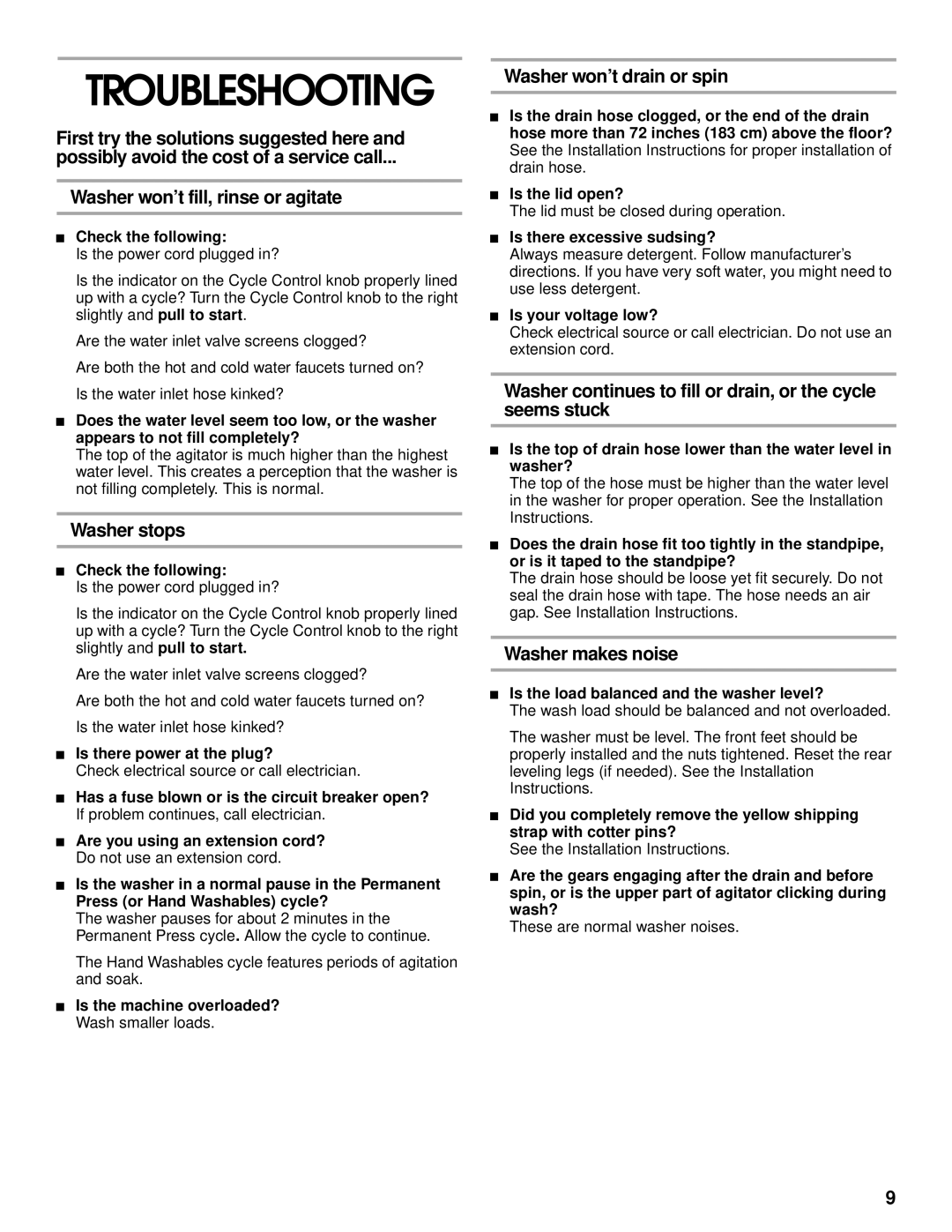 Whirlpool SAWB600HQ0 Washer stops, Washer won’t drain or spin, Washer continues to fill or drain, or the cycle seems stuck 