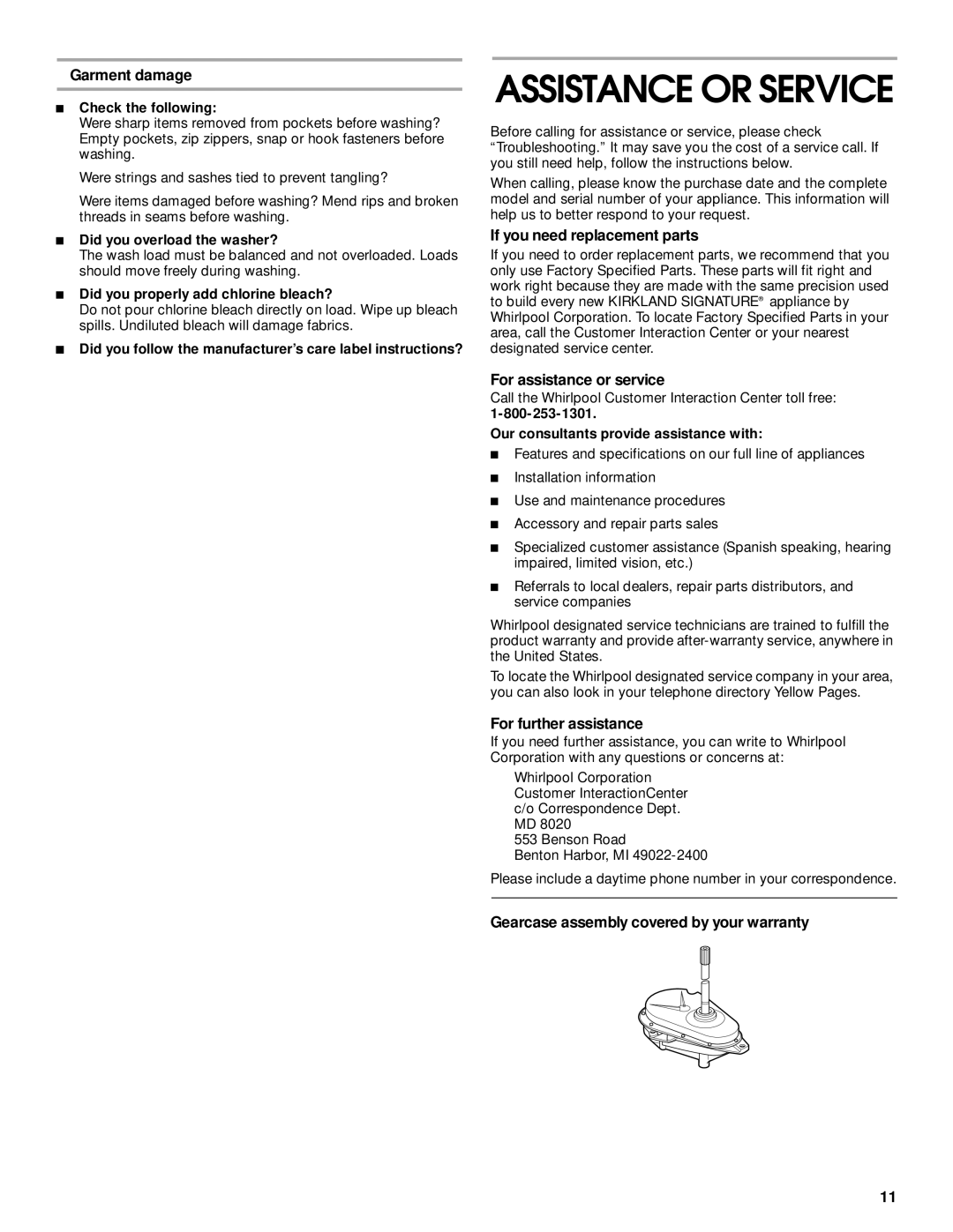 Whirlpool SAWB600JQ0 Garment damage, If you need replacement parts, For assistance or service, For further assistance 