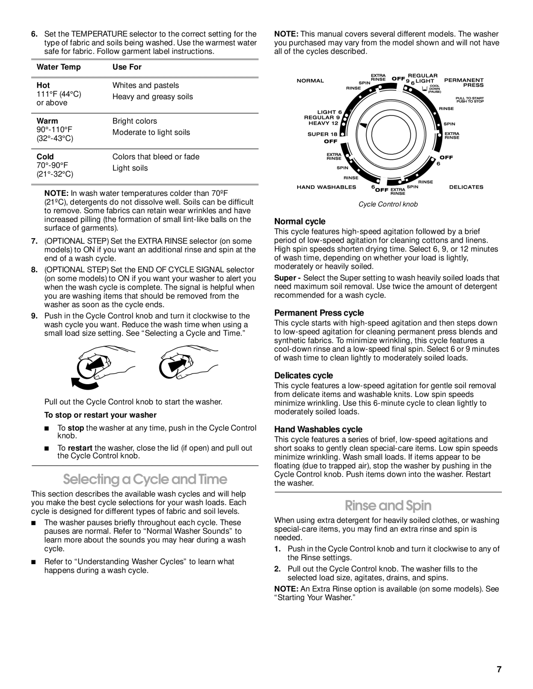 Whirlpool SAWB600JQ0 manual Selecting a Cycle and Time, Rinse and Spin 