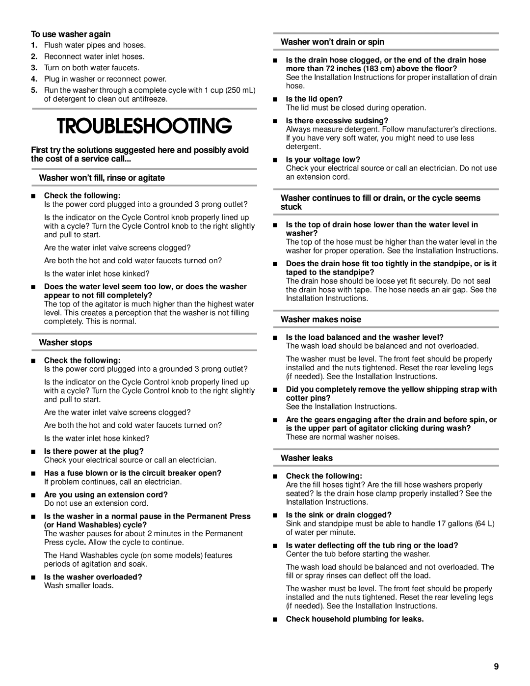 Whirlpool SAWB600JQ0 manual Troubleshooting 