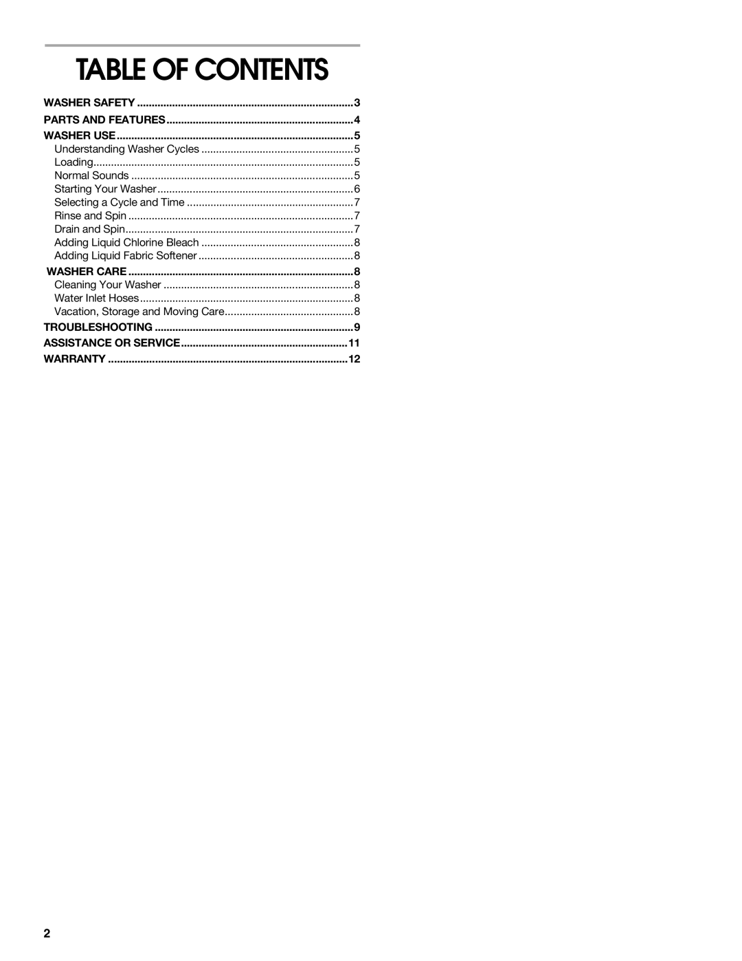 Whirlpool SAWB600JQ1 manual Table of Contents 