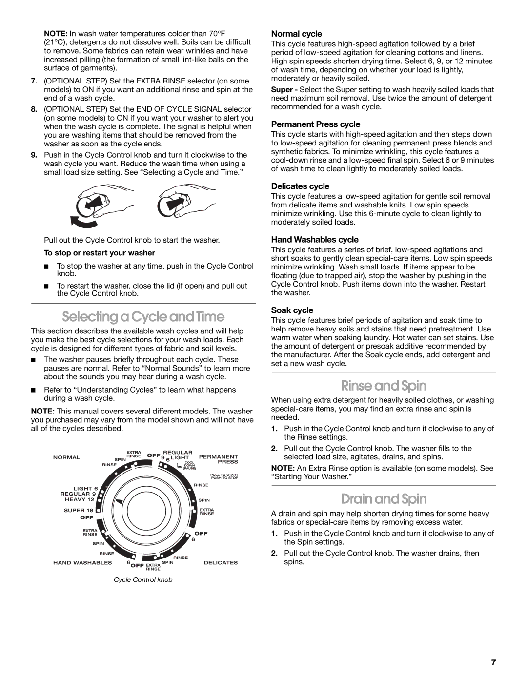 Whirlpool SAWB600JQ1 manual Selecting a Cycle and Time, Rinse and Spin, Drain and Spin 