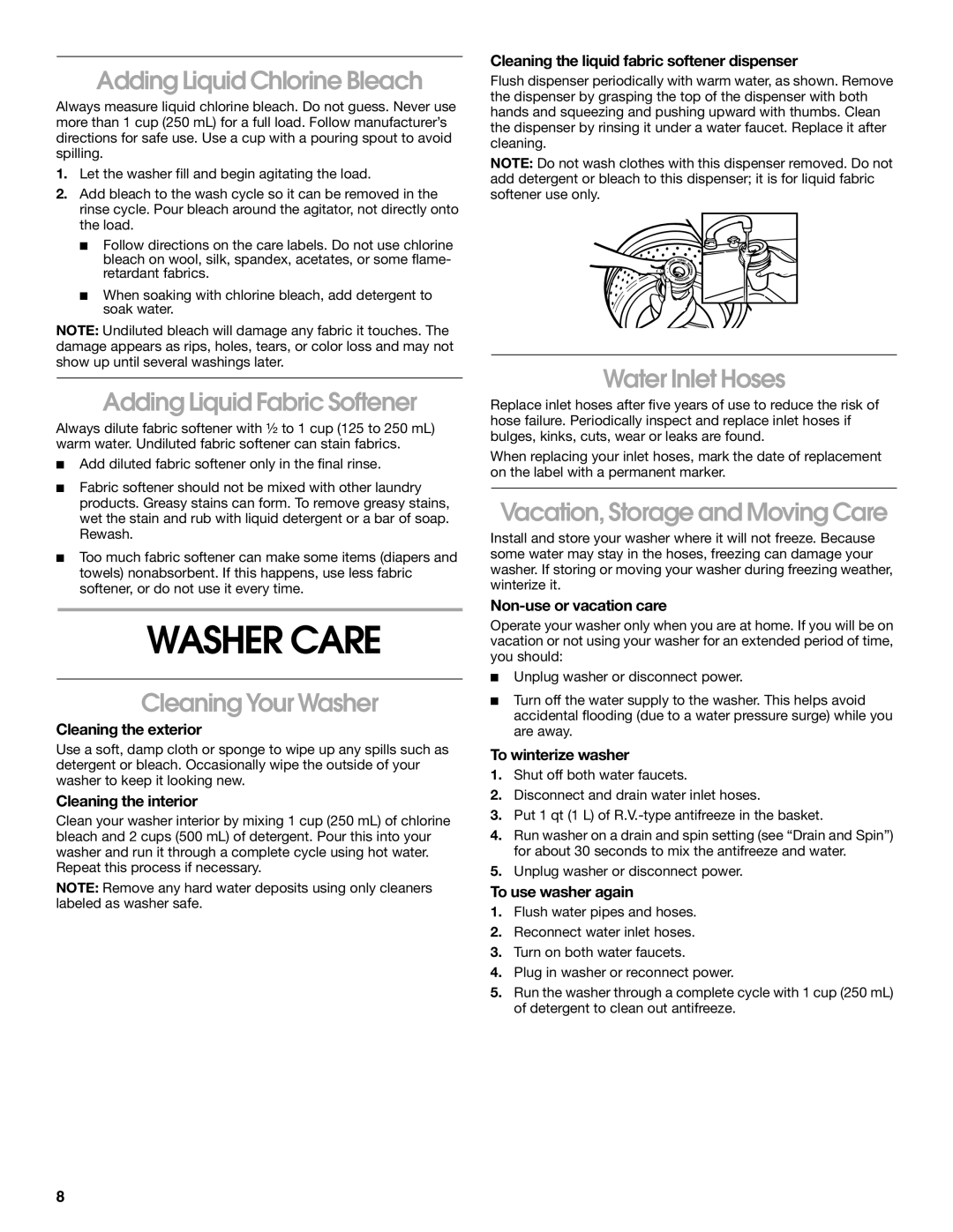 Whirlpool SAWB600JQ1 manual Washer Care 