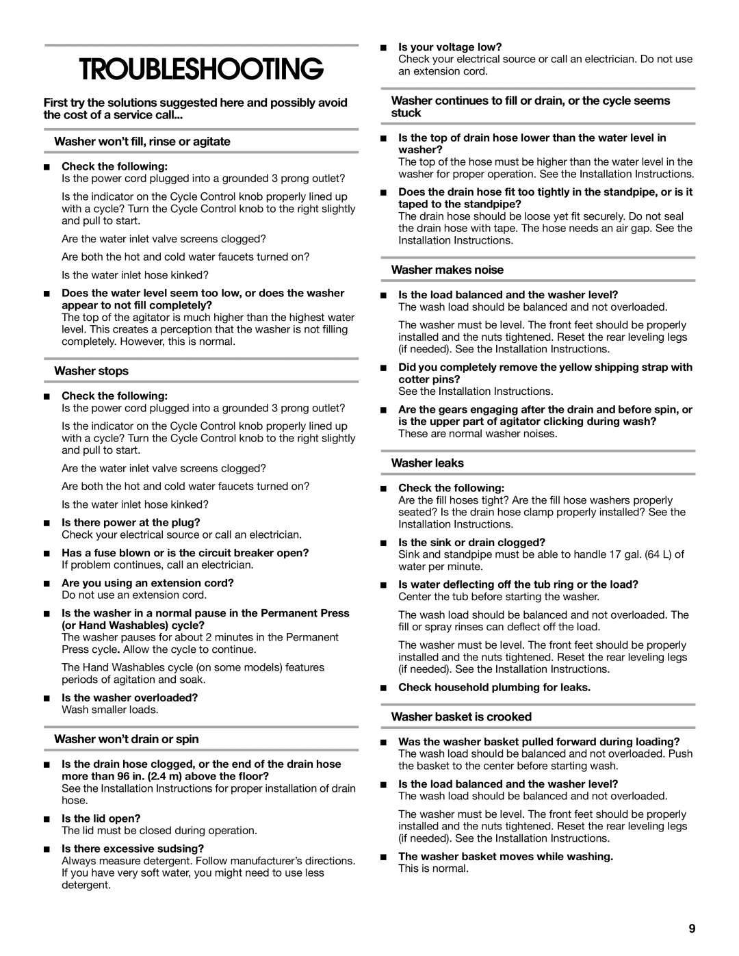 Whirlpool SAWB600JQ1 manual Troubleshooting 