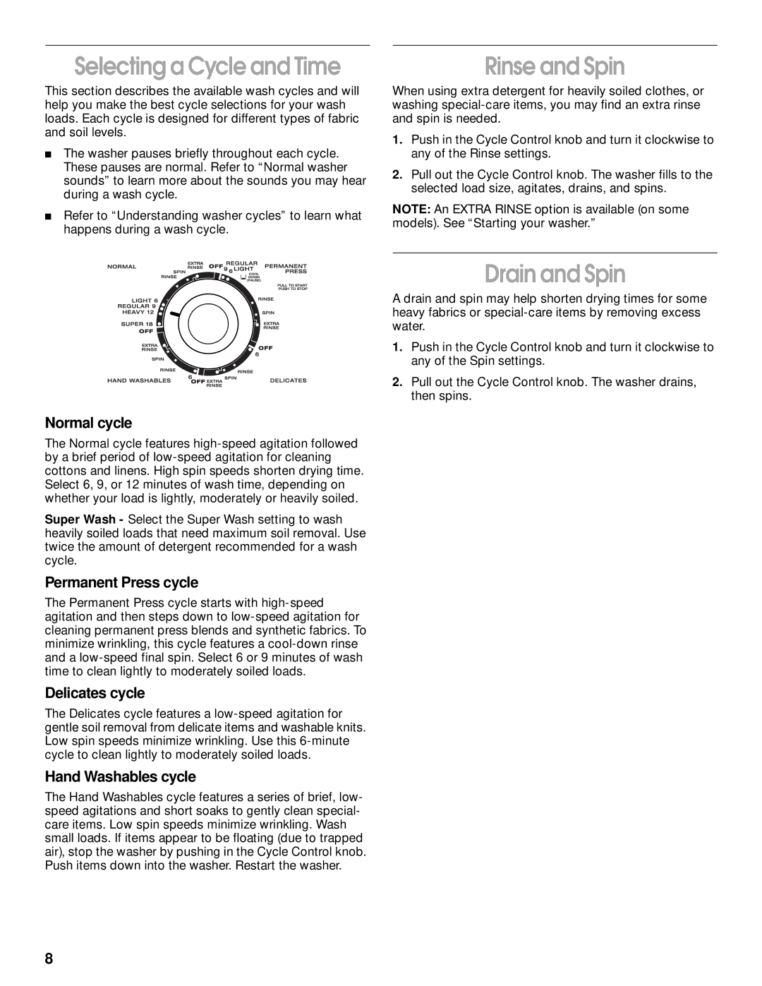 Whirlpool SAWS800HQ0 manual Selecting a Cycle and Time, Rinse and Spin, Drain and Spin 