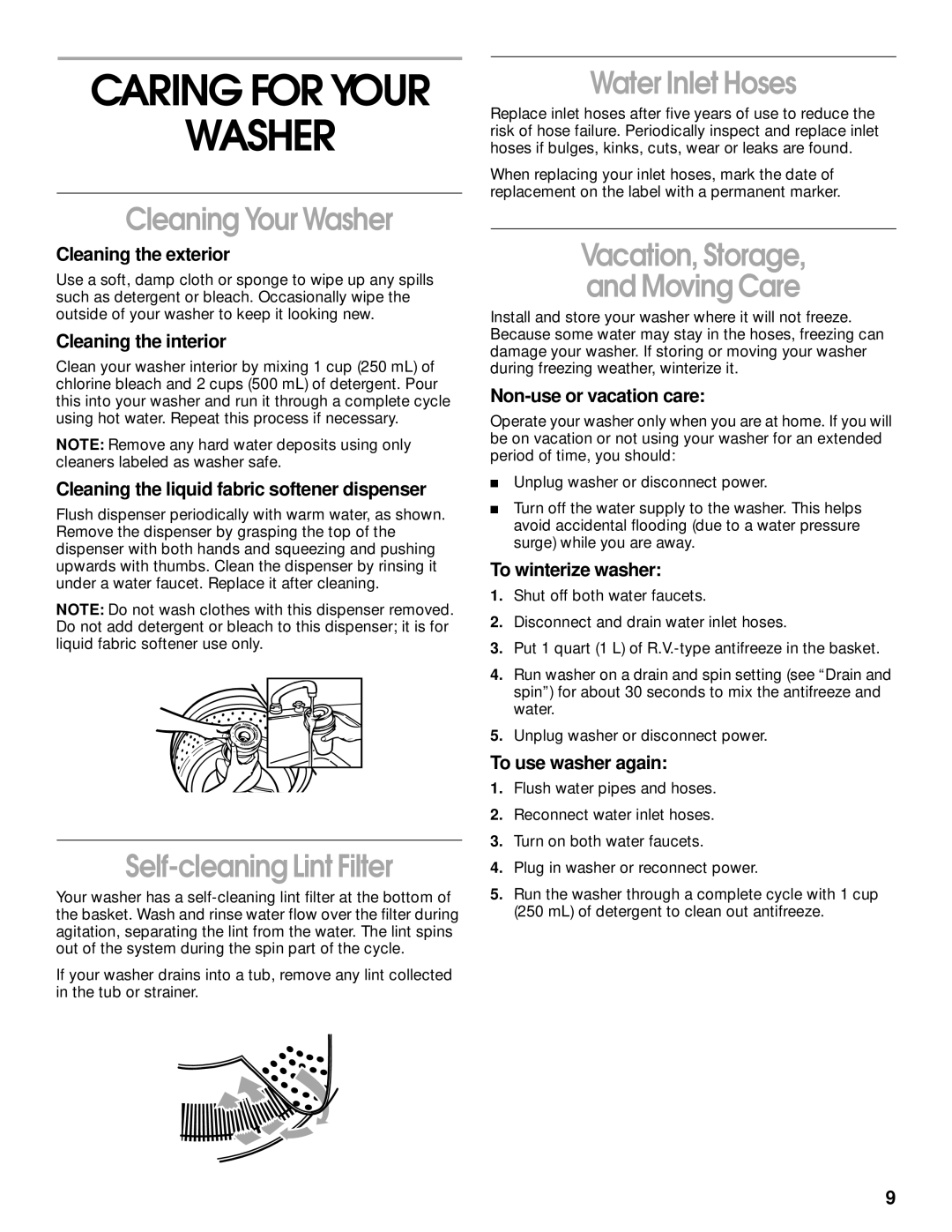 Whirlpool SAWS800HQ0 manual Caring for Your Washer, Cleaning Your Washer, Self-cleaning Lint Filter, Water Inlet Hoses 