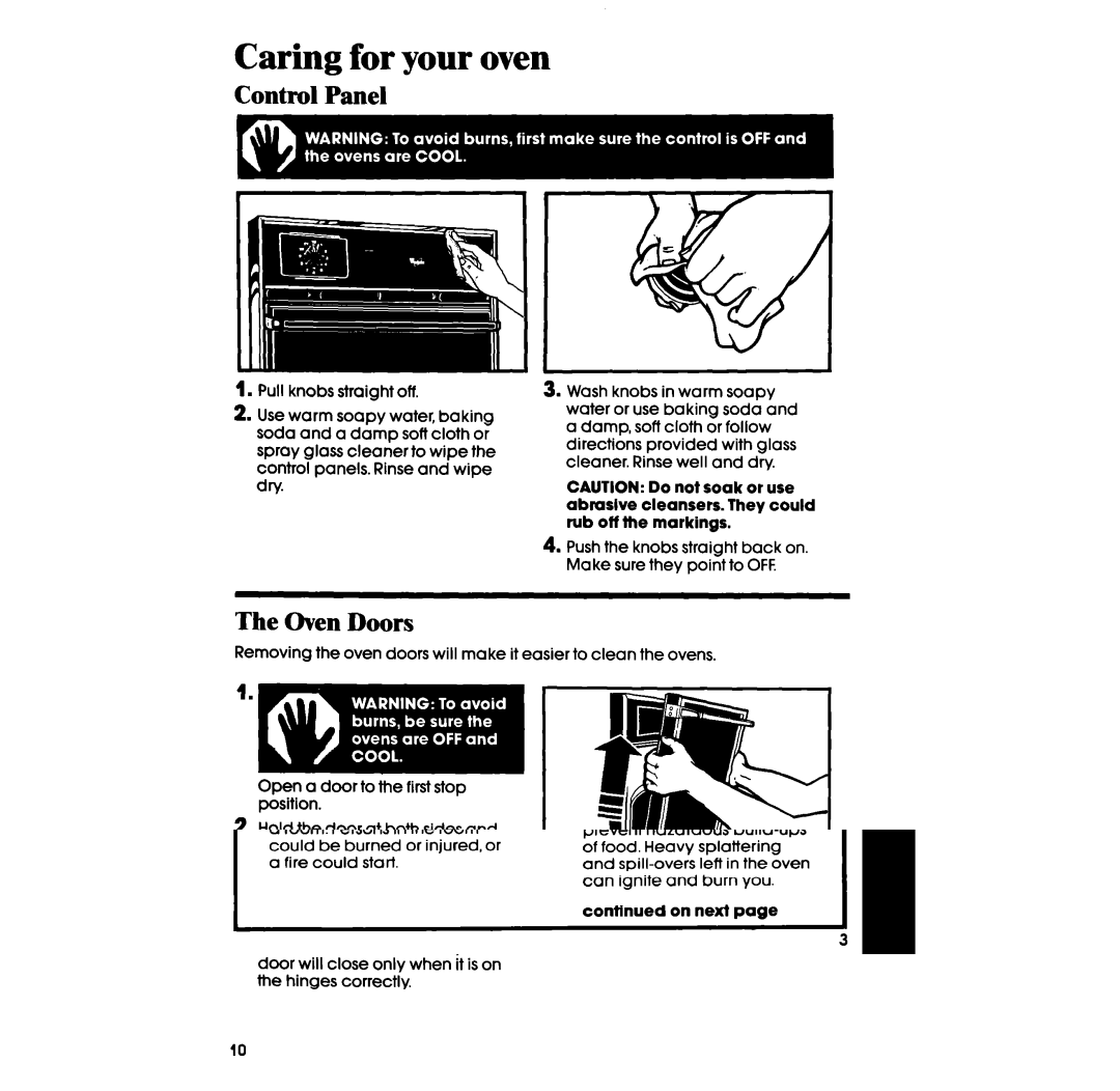 Whirlpool SB100PSR, SB100PER manual Caring for your oven, Control Panel, Oven Doors 