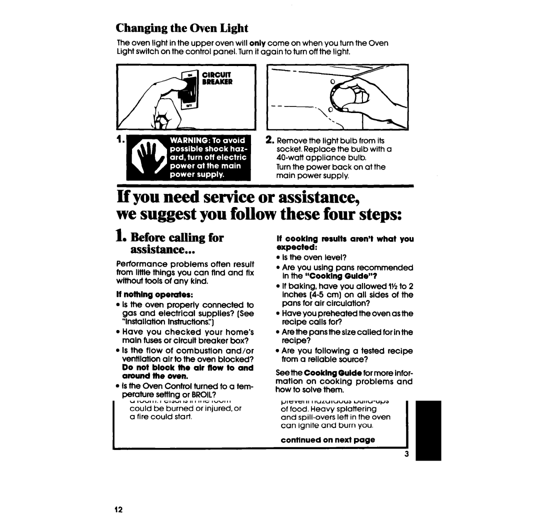 Whirlpool SB100PSR, SB100PER manual Changing the Oven Light, Before ding for Assistance 