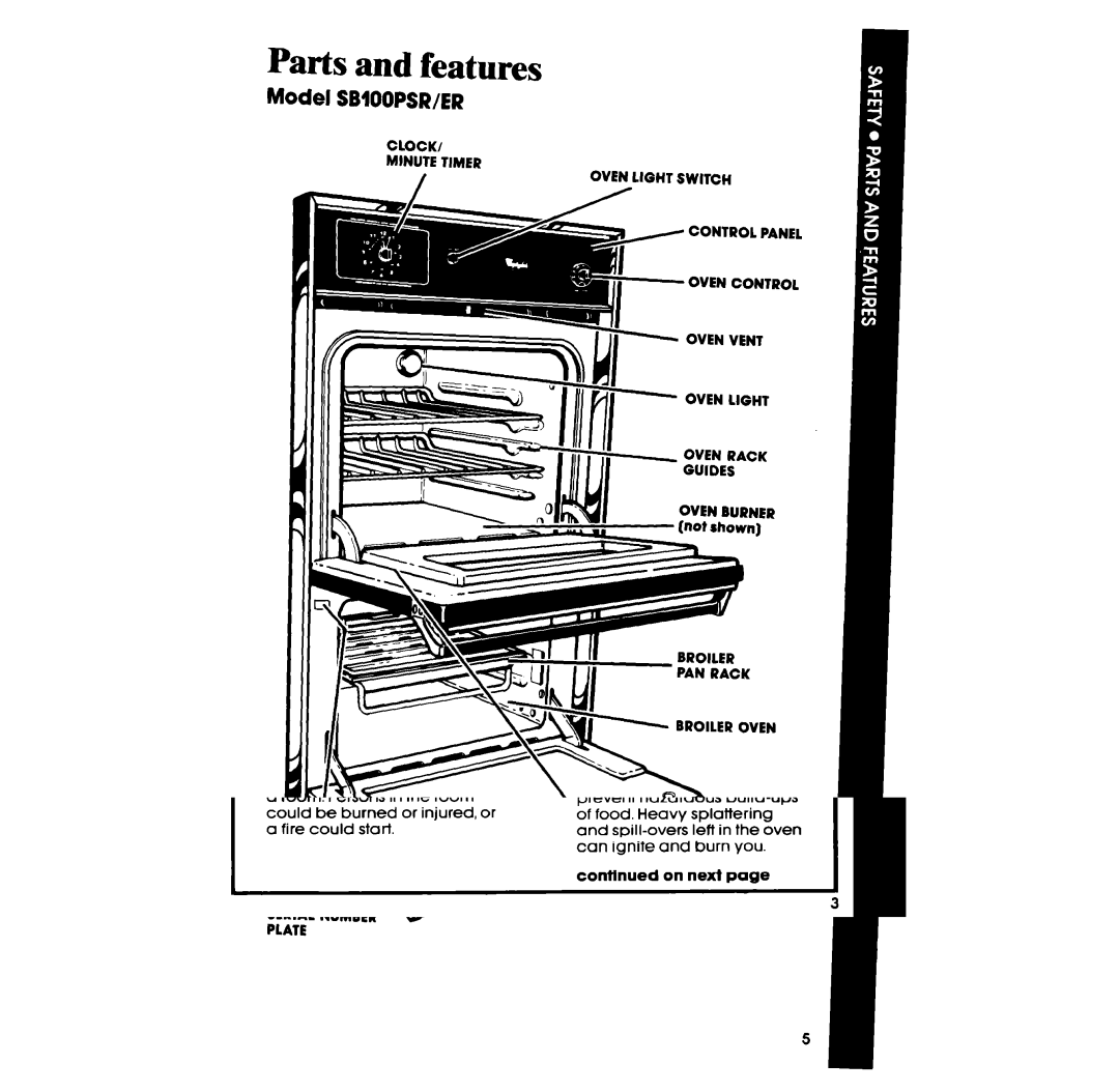 Whirlpool SB100PER, SB100PSR manual Parts and features, Model Sbioopsrier 