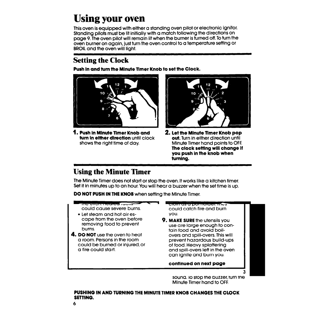 Whirlpool SB100PSR, SB100PER manual Using your oven, Setting the Clock, Using the Minute ‘Timer 