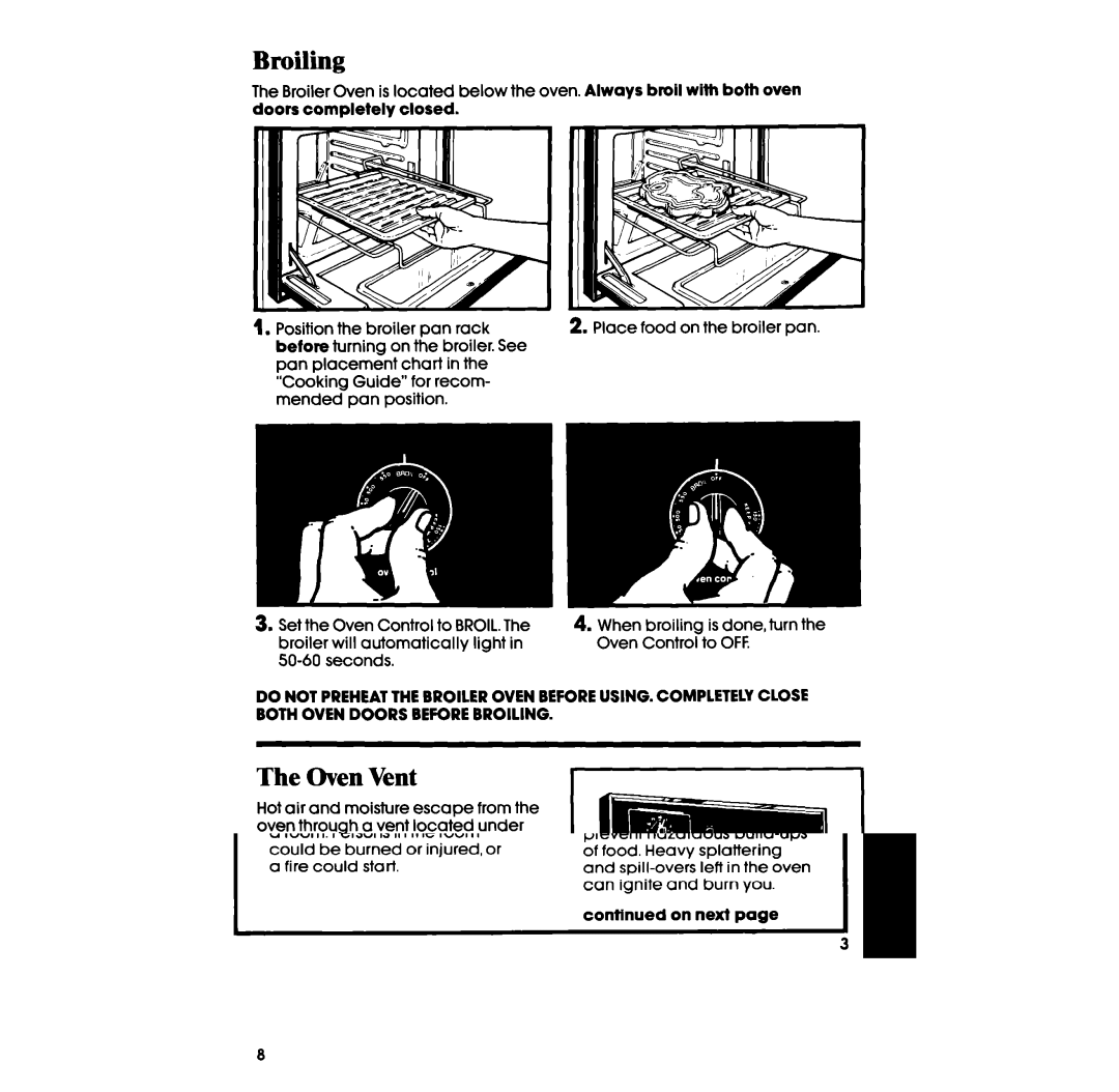 Whirlpool SB100PSR, SB100PER manual Broiling, Oven Vent 