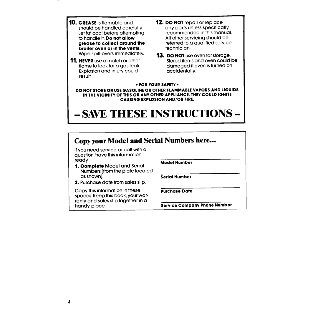 Whirlpool SB130PER manual Copy your Model and Serial Numbers here 