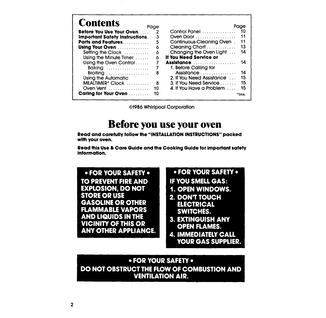 Whirlpool SB130PER manual Contents Page, Before you use your oven 
